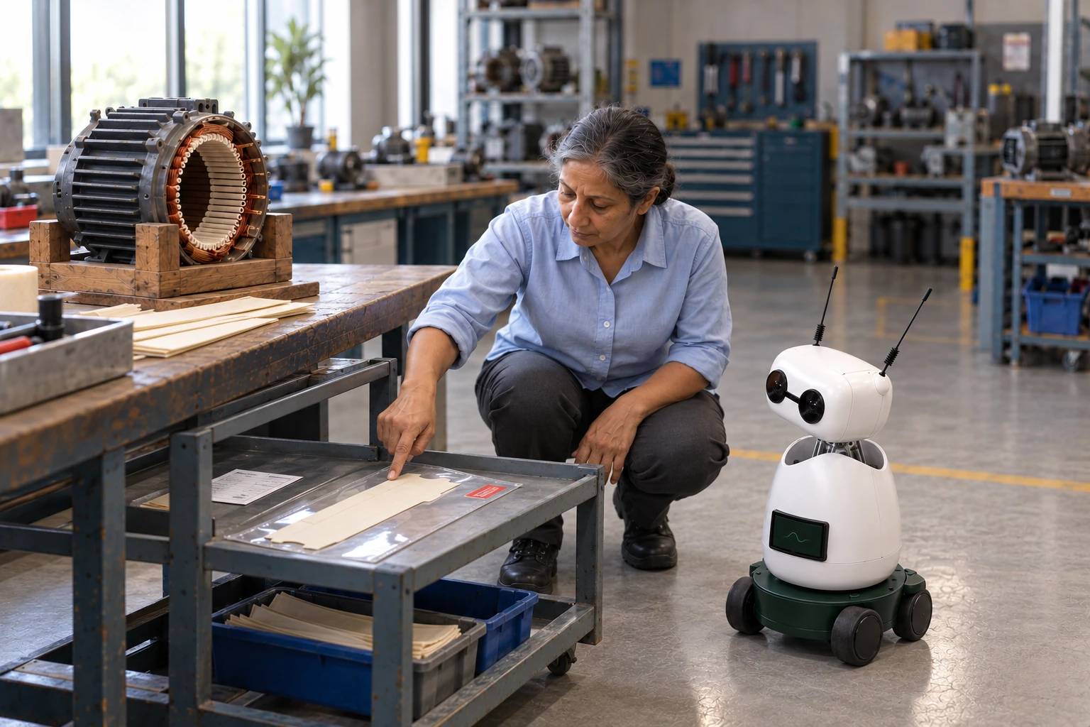 Rewinder explains how the original liner pattern stays tied to the motor job. The worker shows Mini the original slot-liner pattern, now in the clear sleeve with the red motor tag on the lower pattern rail; Mini listens and looks at that actual object.