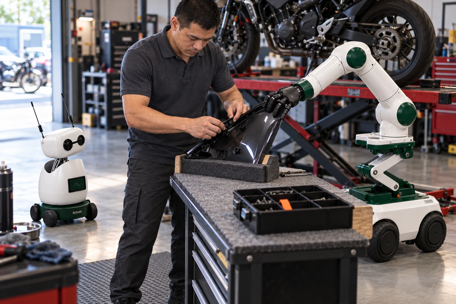 Muscle steadies the upper edge of a side panel while the mechanic uses both hands to release a retaining clip from its reverse.