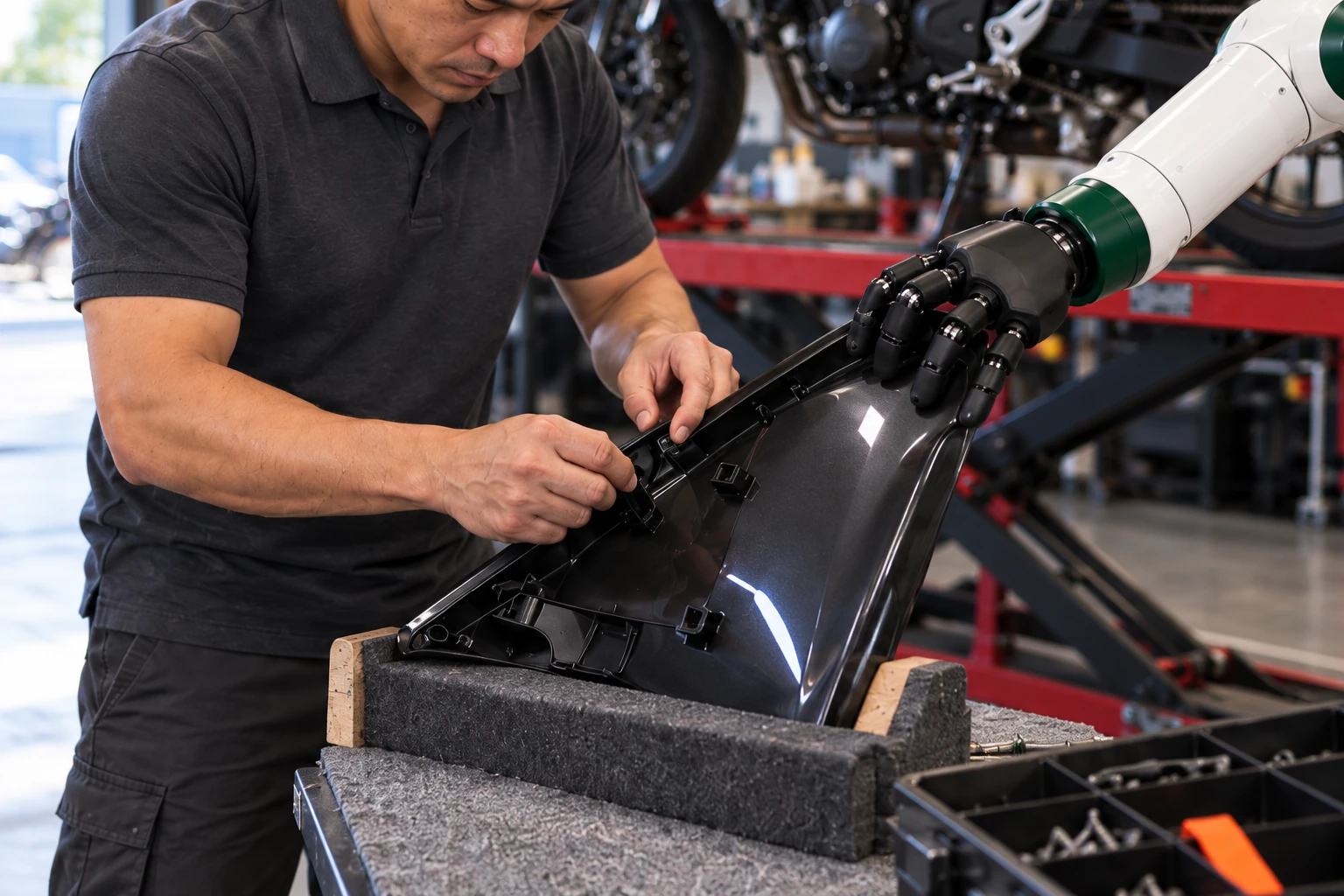 Muscle steadies the upper edge of a side panel while the mechanic uses both hands to release a retaining clip from its reverse.