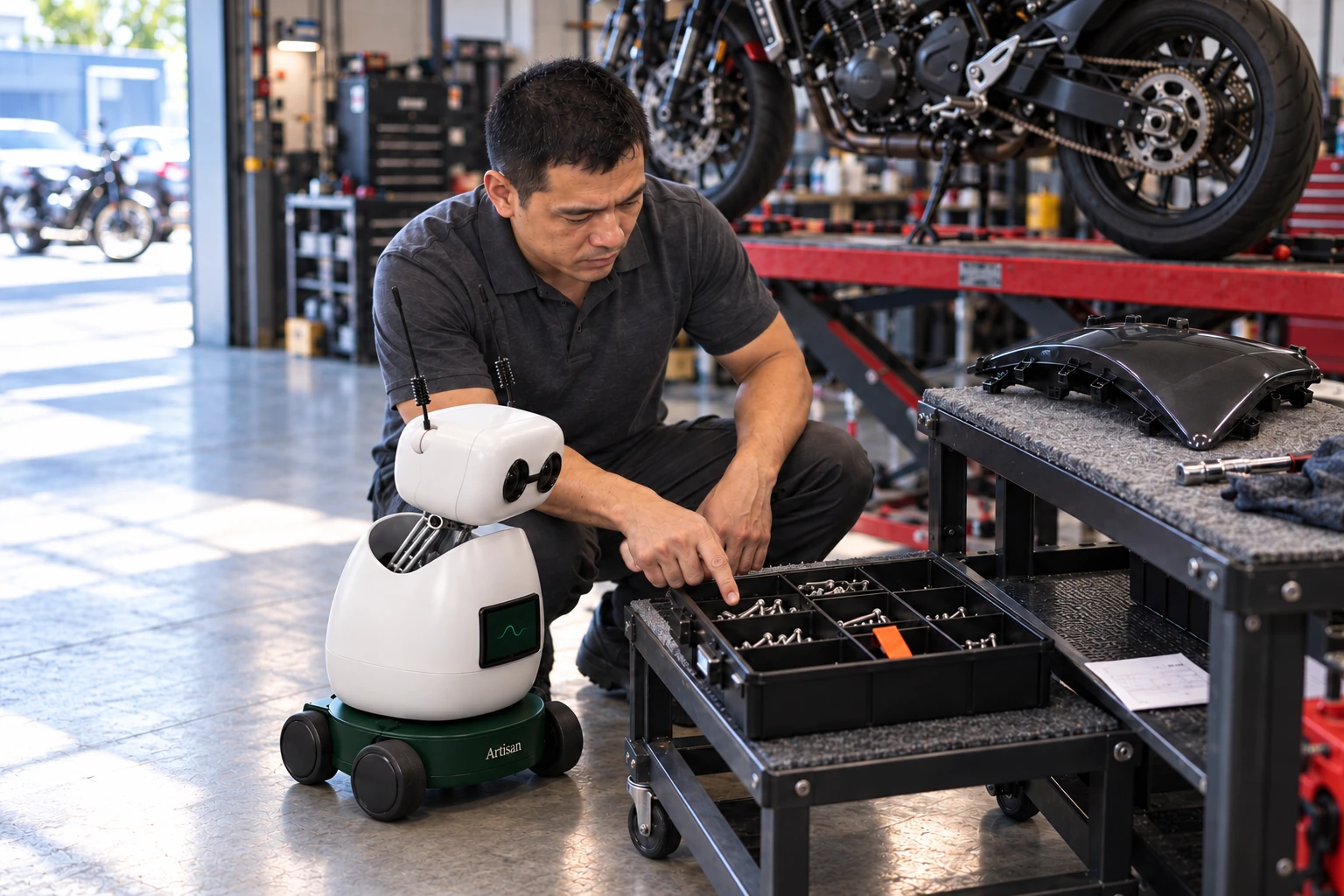 Mechanic explains how the different-length fasteners stay in removal order for this panel. The worker shows Mini the original side-panel fasteners, now in the black divided tray with the orange job tab on the lower shelf; Mini listens and looks at that actual object.