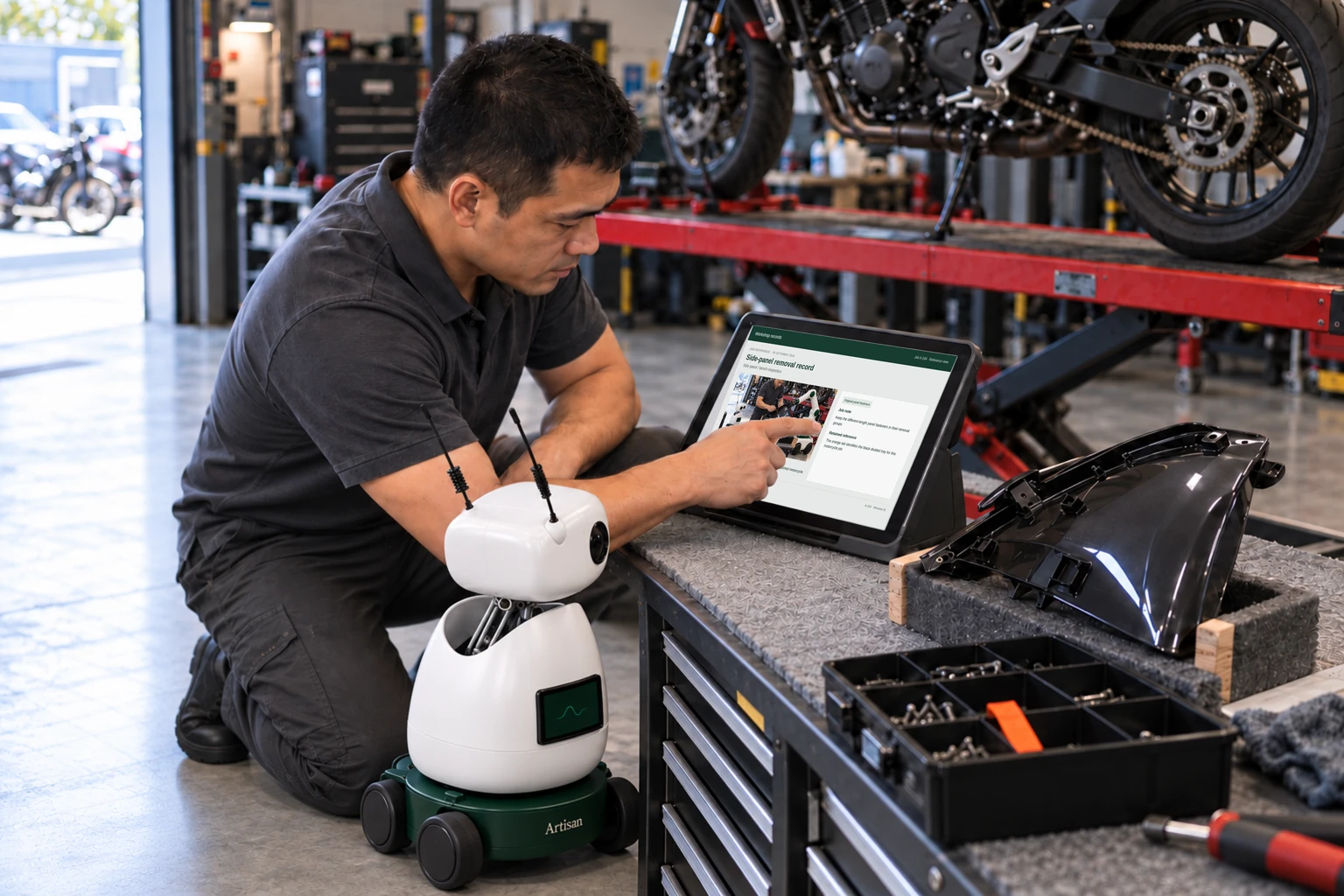 Worker and Mini consult a supported tablet/laptop: We find model-specific exploded diagrams, fastener notes and service instructions.