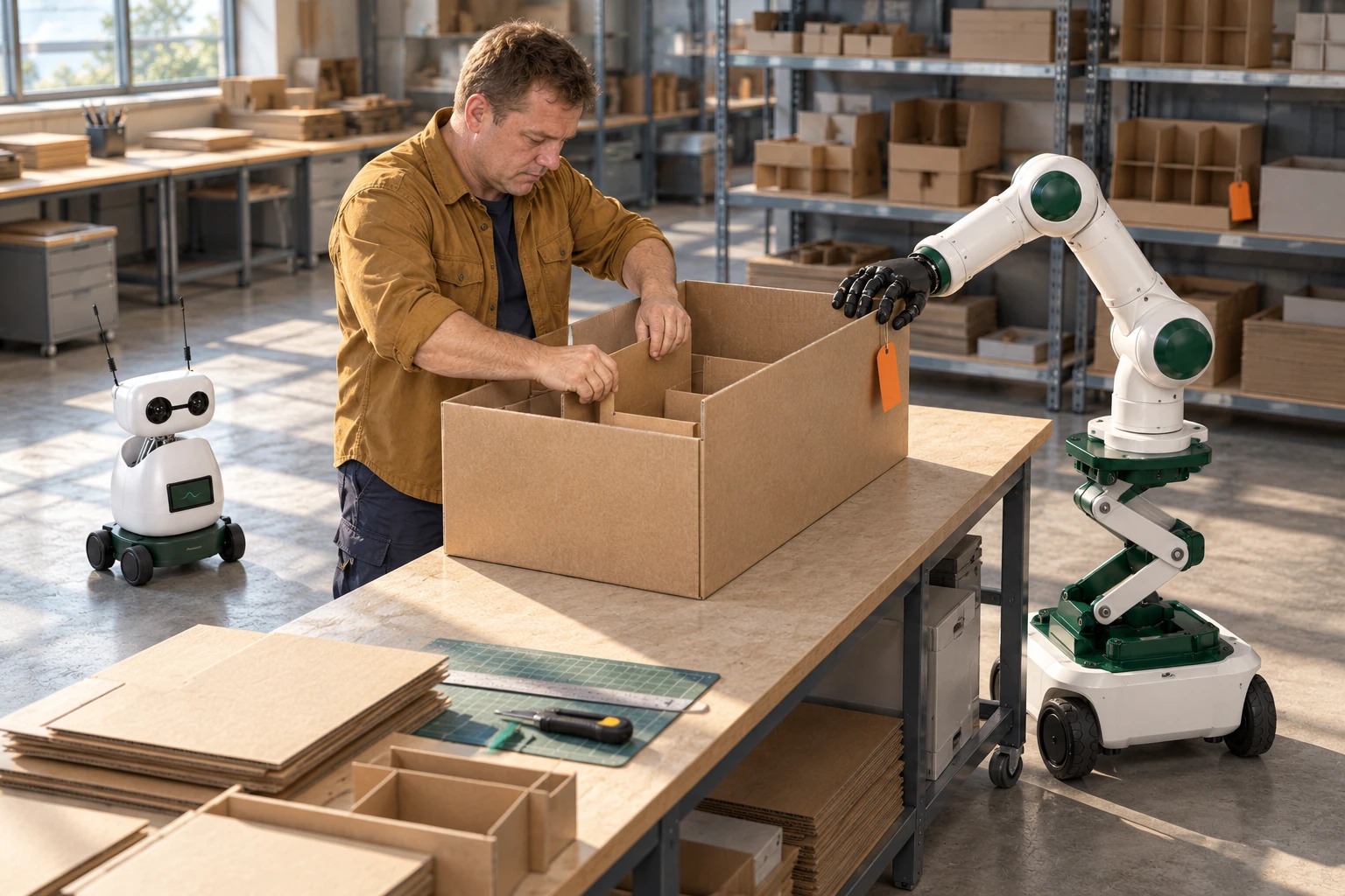 Muscle keeps the free side wall of a large sample carton upright while the maker folds and secures its internal divider with both hands. Mini observes the actual handwork from a separate clear floor position.