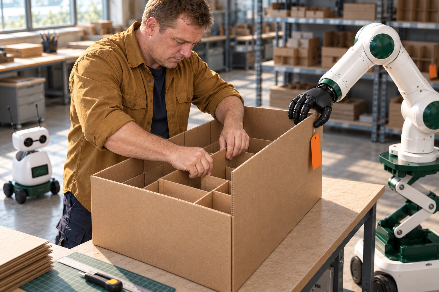 Muscle keeps the free side wall of a large sample carton upright while the maker folds and secures its internal divider with both hands.