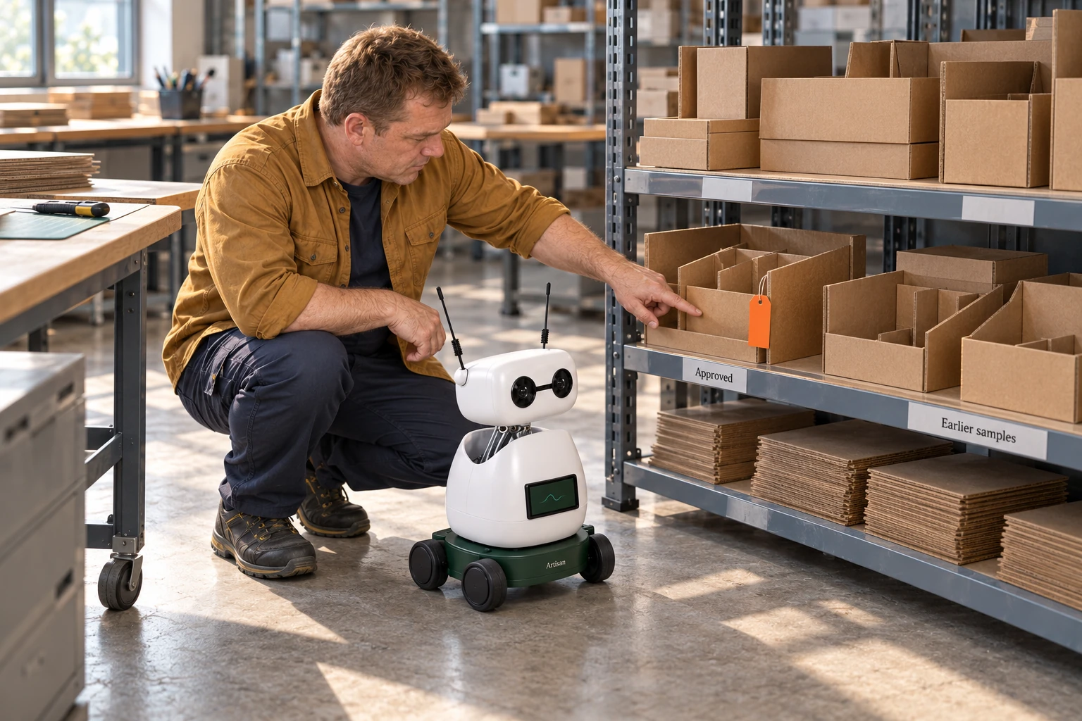 The maker explains that the orange-tagged divider is the approved revision and earlier samples remain separate. The worker identifies the approved divider sample with an orange revision tag in the low approval rack beside the sample bench.