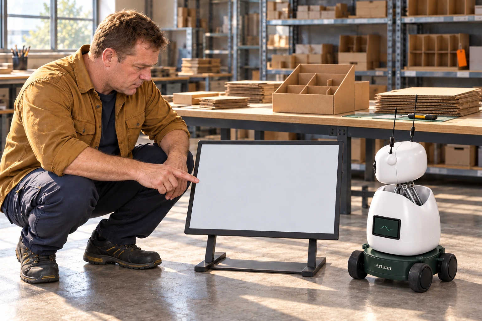 The maker and Mini consult the approved carton drawing and divider layout on a supported display.