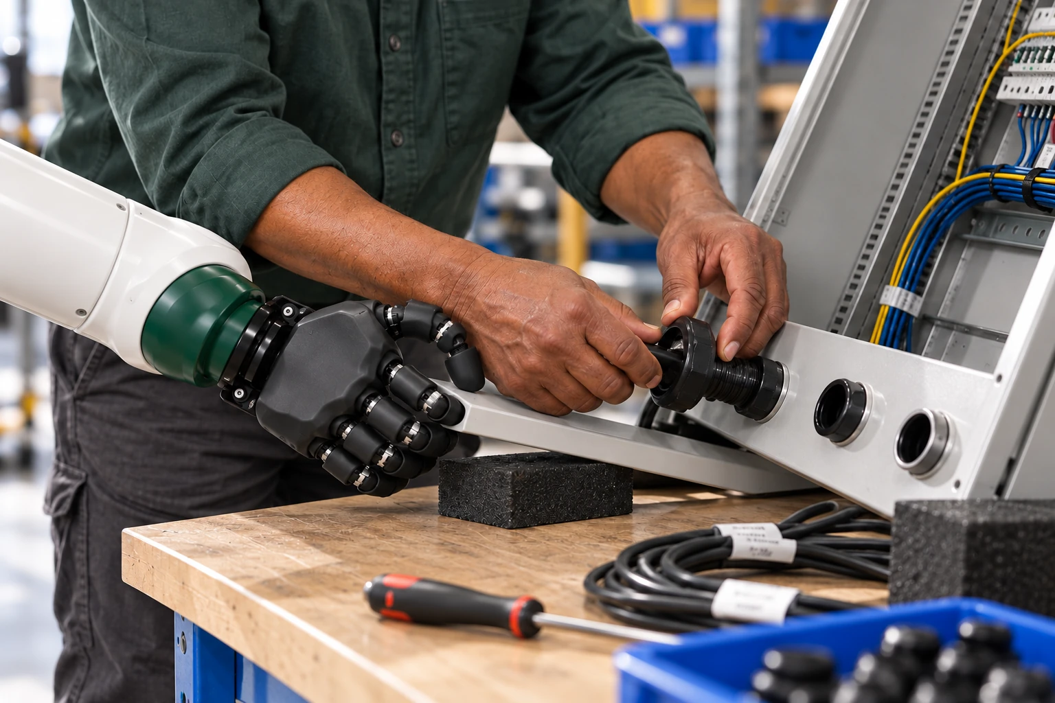 Muscle steadies the free edge of a removable gland plate while the panel builder uses both hands to fit a loose gland nut.