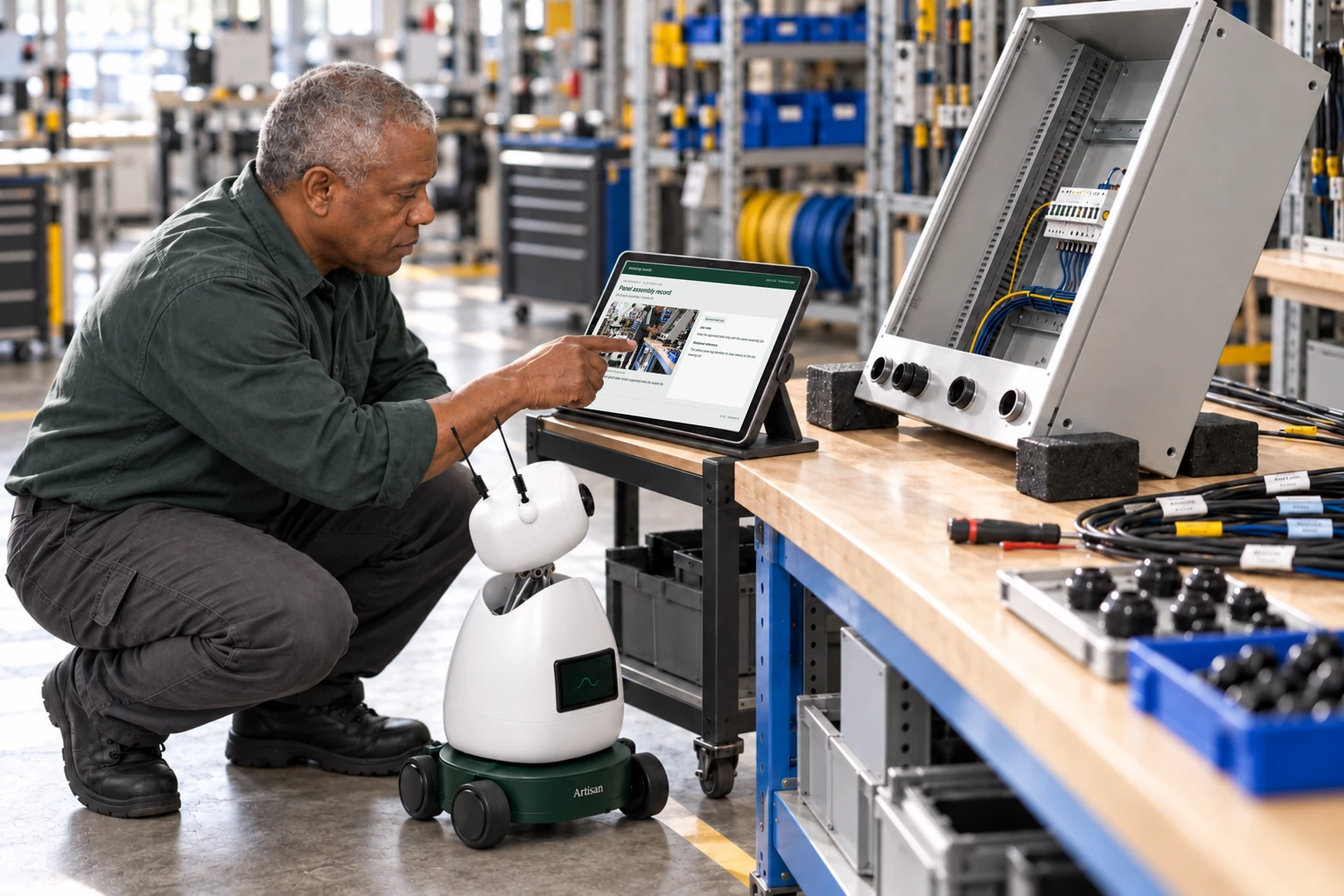Worker and Mini consult a supported tablet/laptop: We find the panel drawing revision, gland schedule and component data sheets.