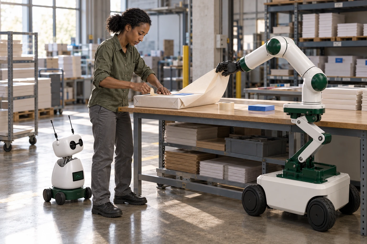 Muscle holds the loose end of a broad wrapping sheet while an operator folds and tapes it around a bench-supported sample ream. Mini observes the actual handwork from a separate clear floor position.