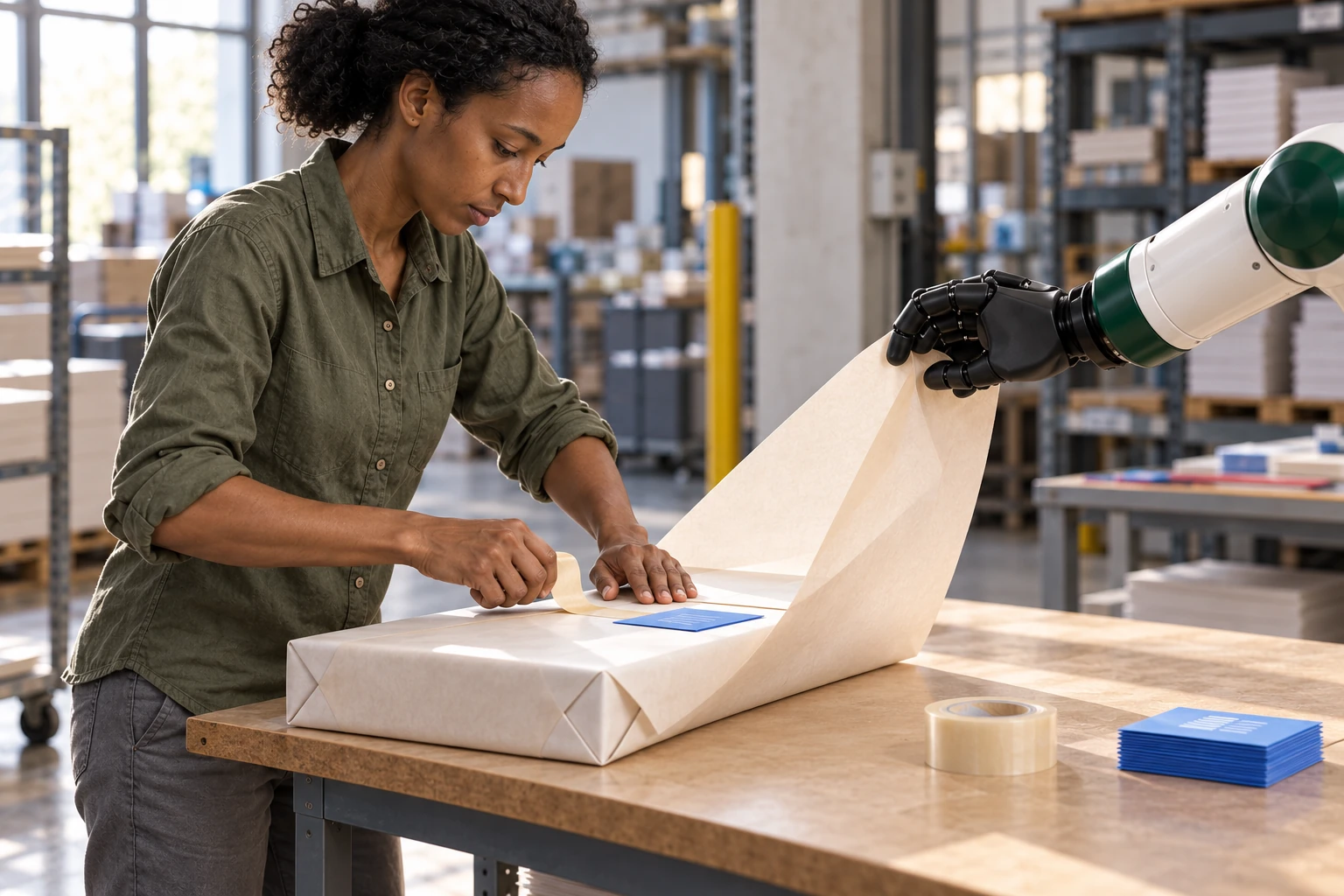 Muscle holds the loose end of a broad wrapping sheet while an operator folds and tapes it around a bench-supported sample ream.