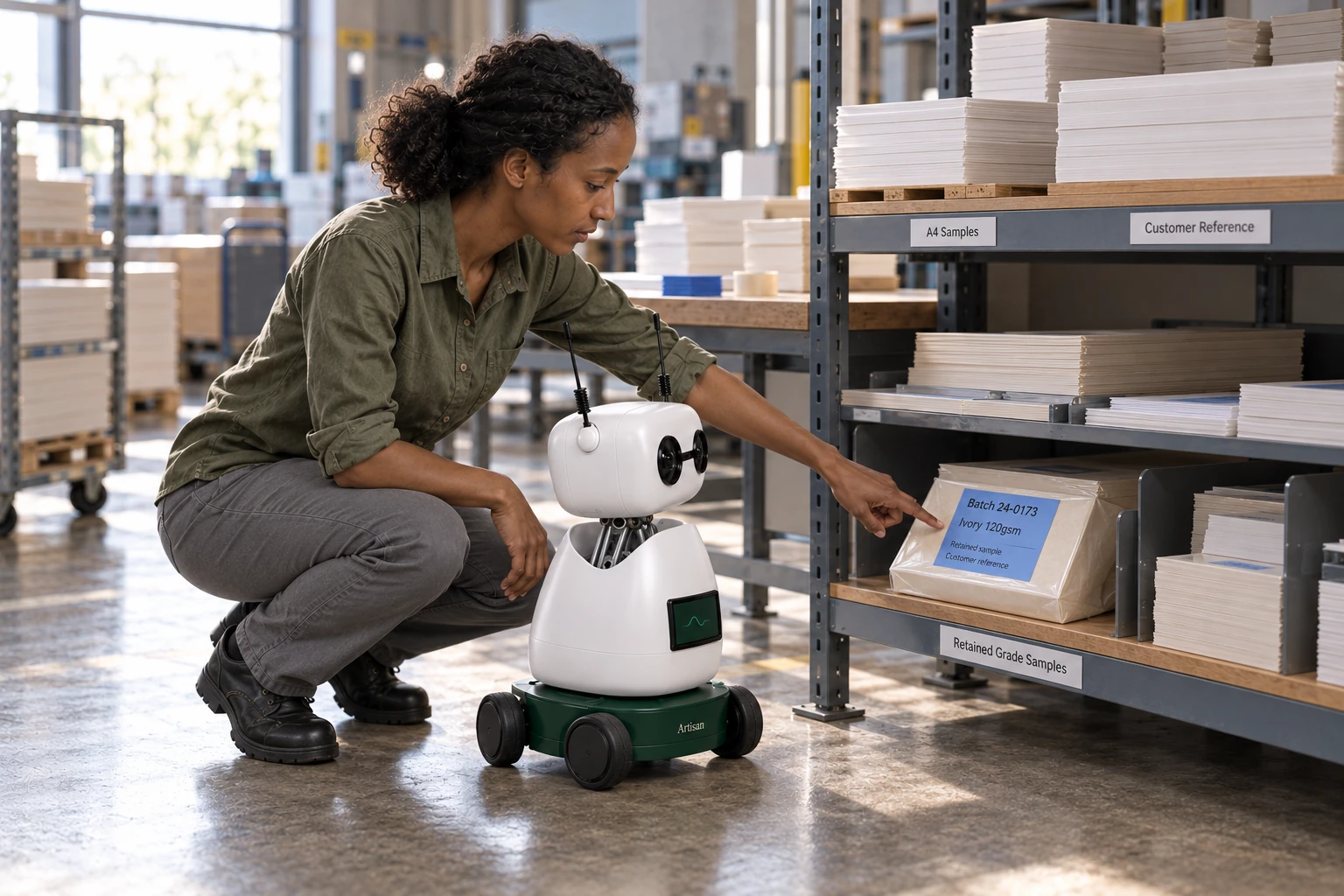 The operator explains that each dispatch batch keeps a labelled reference sample for later customer comparisons. The worker identifies the retained ivory paper sample with its blue batch card in the low grade-sample rack.