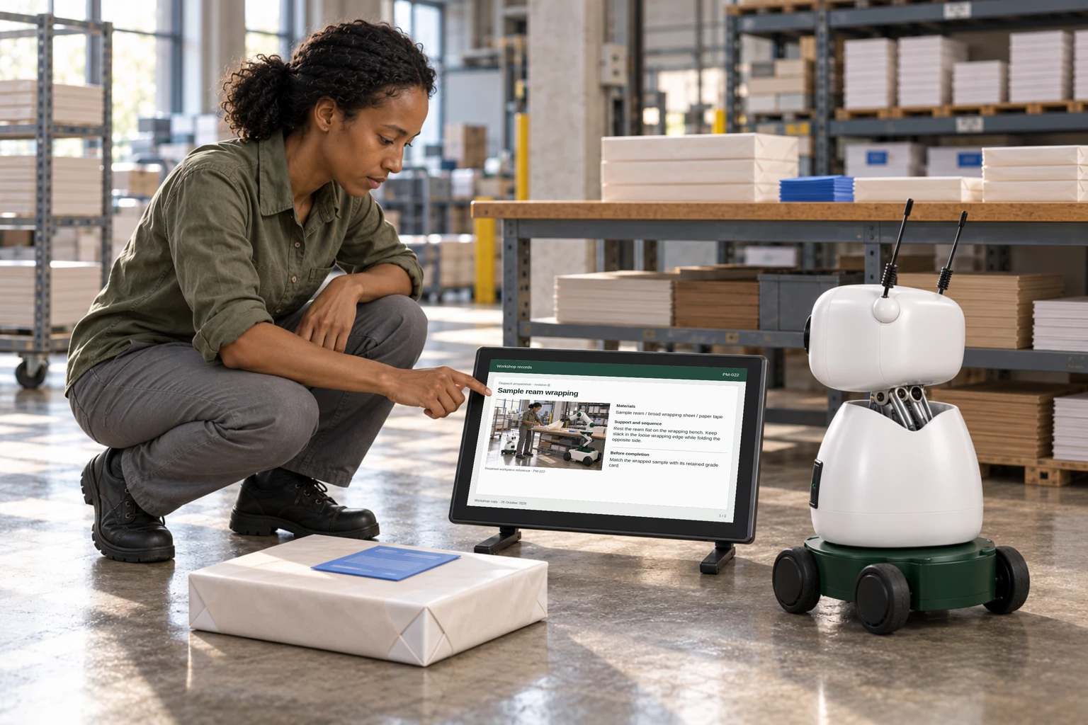 The operator and Mini compare a source grade sheet with the labelled sample ream on the bench.