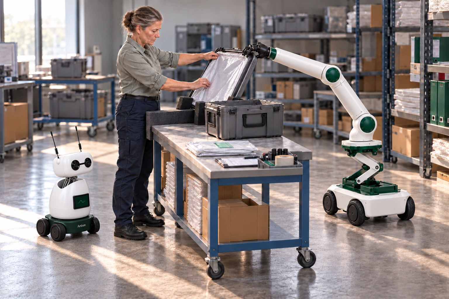Muscle steadies the raised removable lid of an empty reusable transit shipper while the stores operator fits its replaceable inner liner with both hands. Mini observes the actual handwork from a separate clear floor position.