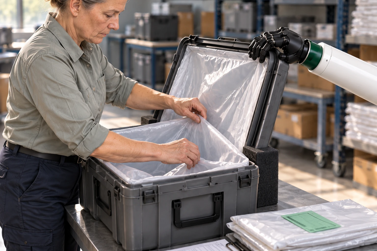 Muscle steadies the raised removable lid of an empty reusable transit shipper while the stores operator fits its replaceable inner liner with both hands.