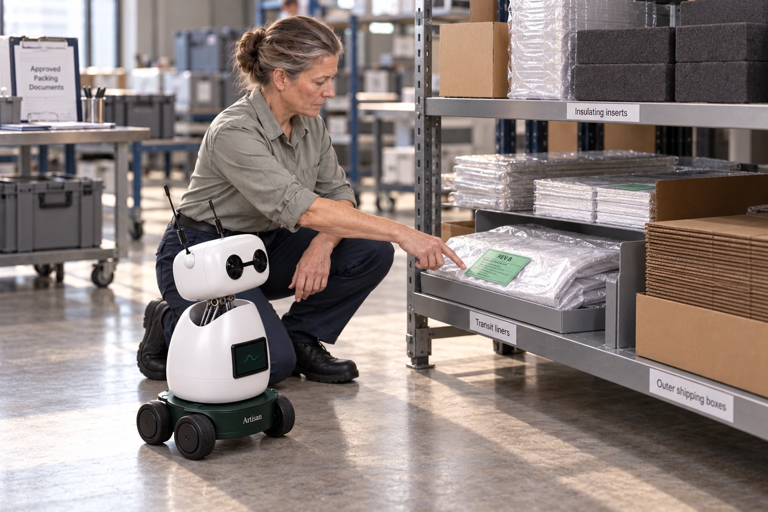 The stores lead explains that the revision card identifies the current outer shipping-pack configuration. The worker identifies the current transit-liner sample with a green revision card on the low shipping-material reference shelf.