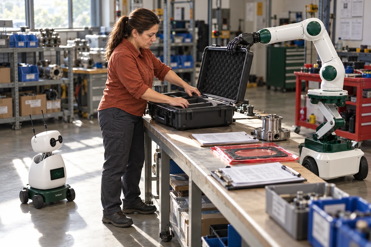 Muscle steadies the open lid of a lightweight instrument transit case while the technician uses both hands to fit its protective insert.