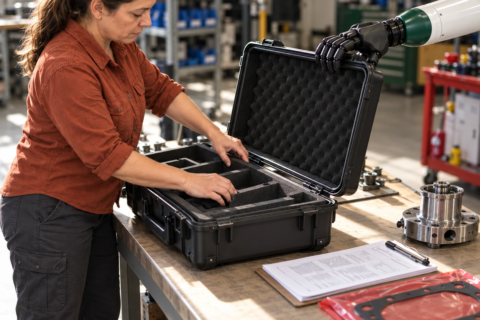 Muscle steadies the open lid of a lightweight instrument transit case while the technician uses both hands to fit its protective insert.