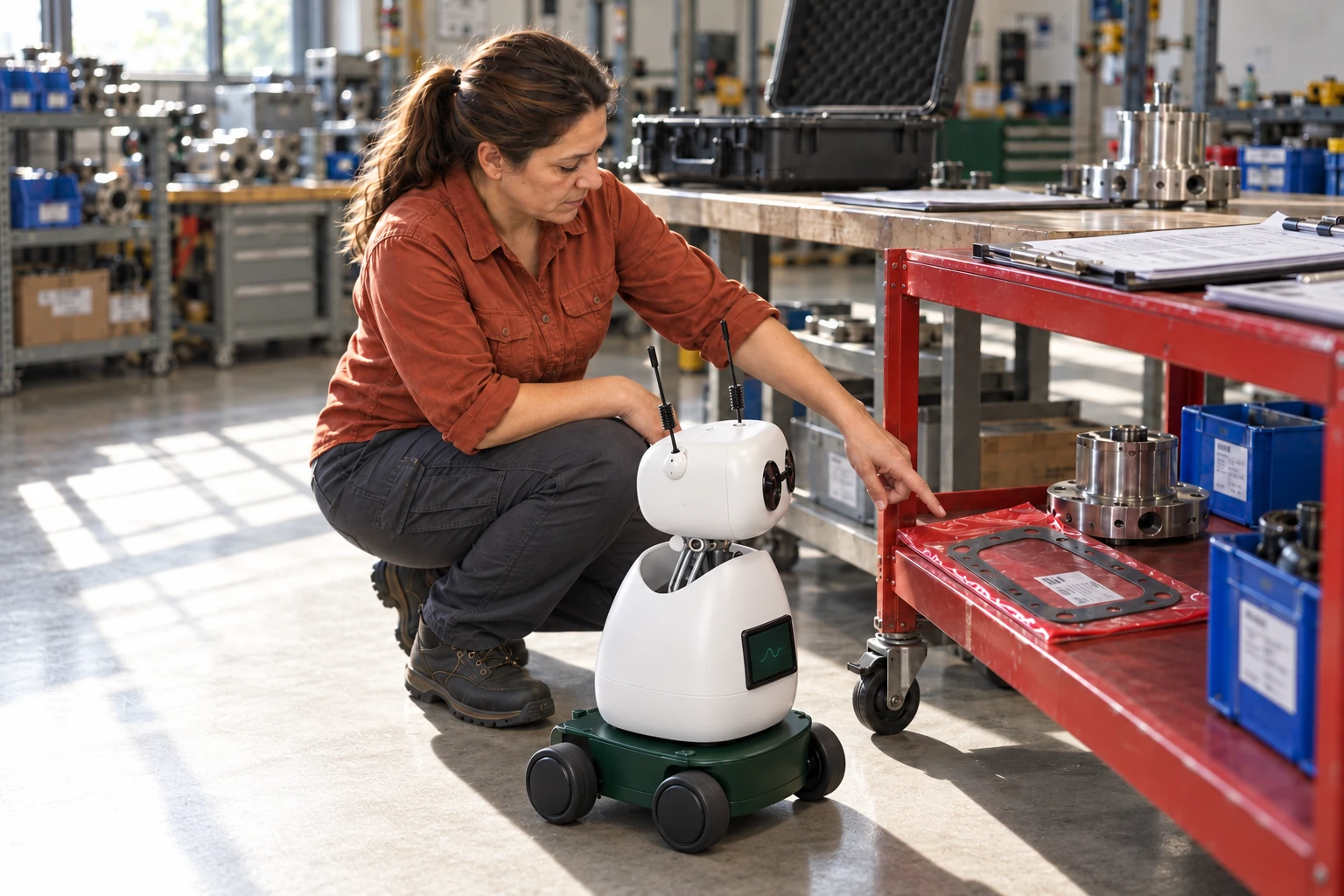 Technician explains which gasket sample identifies the replacement needed for this planned job. The worker shows Mini the tagged sample gasket, now in the red sleeve on the lower shutdown-job trolley; Mini listens and looks at that actual object.