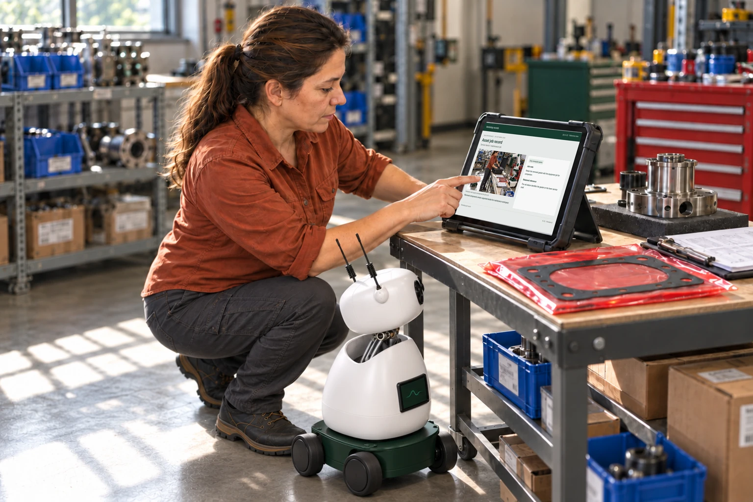 Worker and Mini consult a supported tablet/laptop: We find the asset record, isolation checklist and relevant maintenance manual.