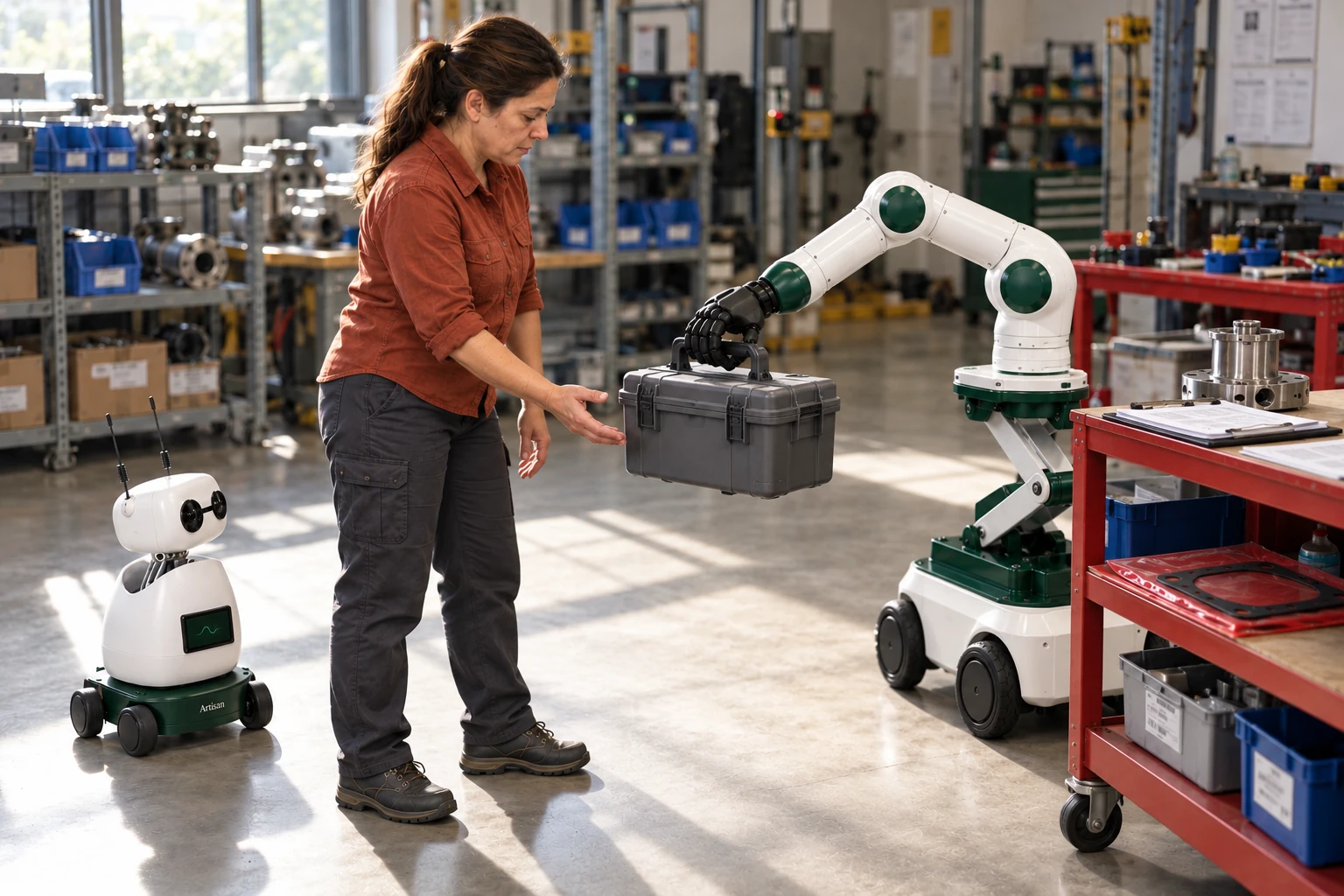 Bring the closed small service case to the job-pack trolley by its top handle.