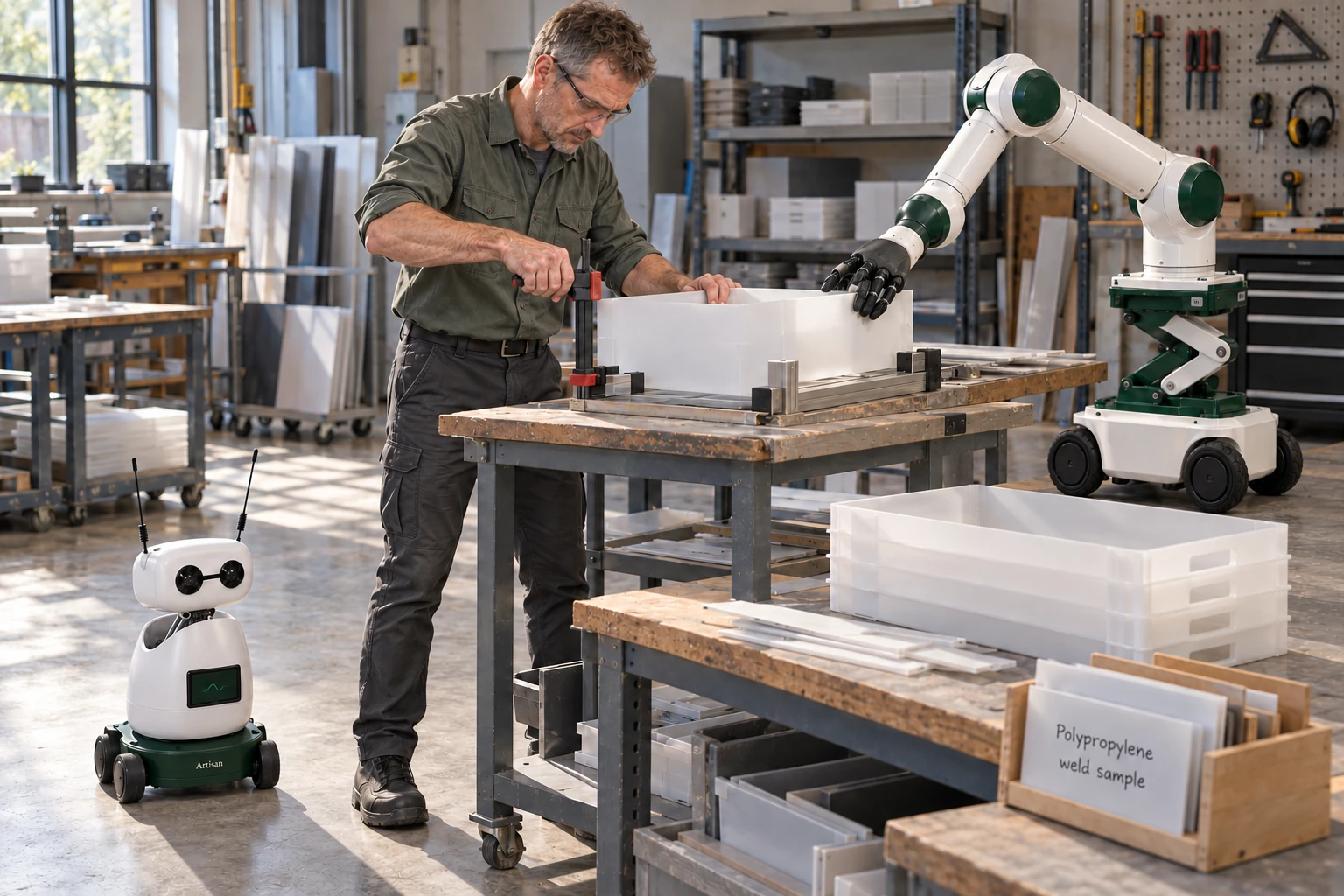 Muscle steadies the free outer edge of a polypropylene tray side while the fabricator seats a padded clamp on the bench jig. Mini watches beside the skilled worker.