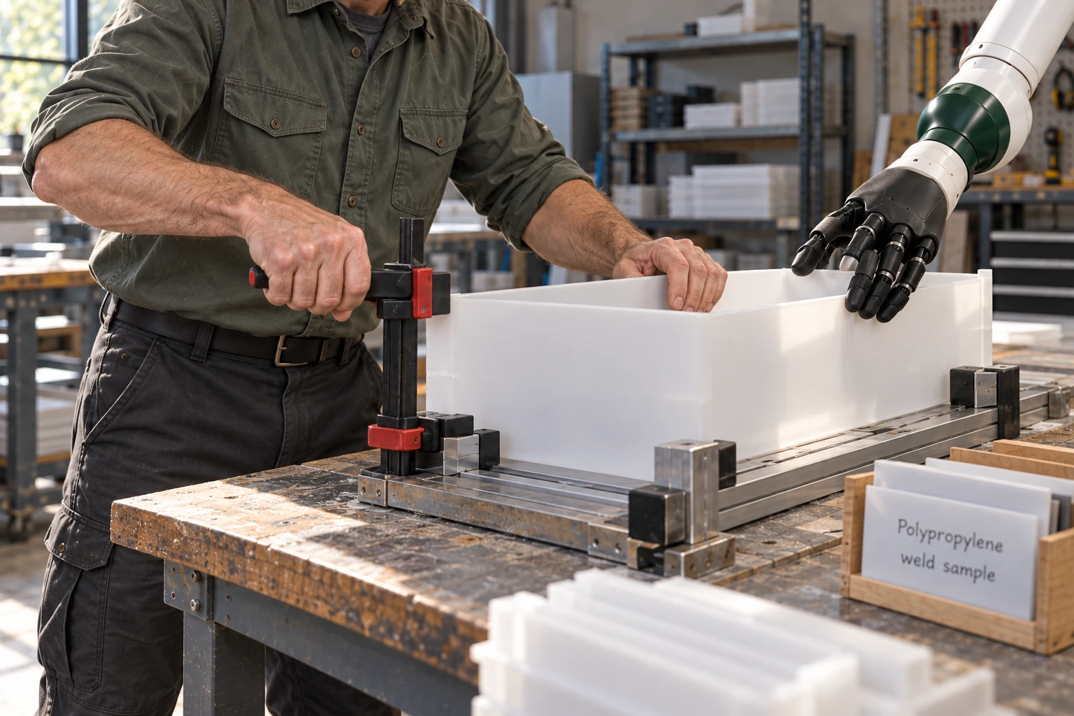 Muscle steadies the free outer edge of a polypropylene tray side while the fabricator seats a padded clamp on the bench jig.