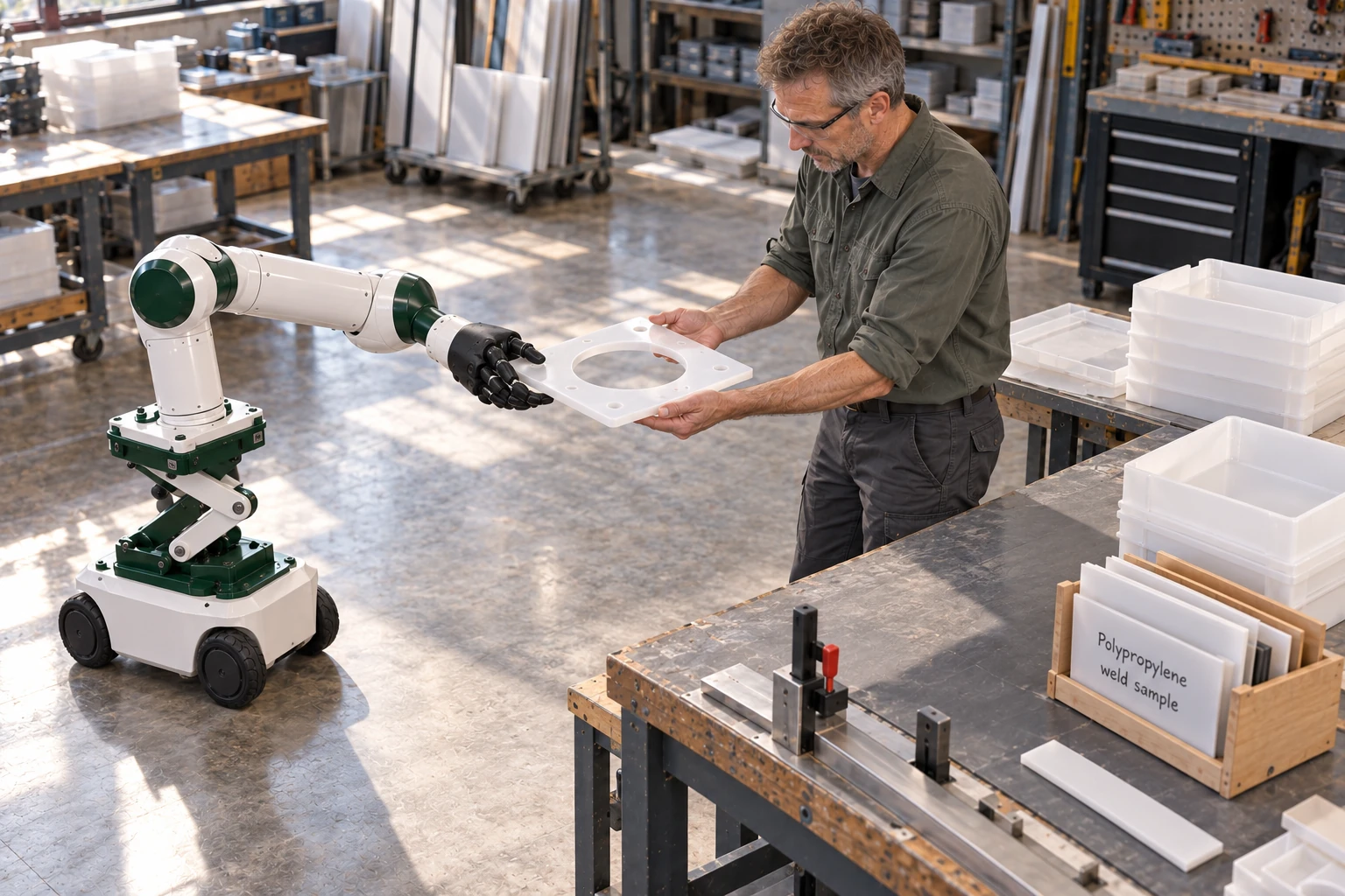 Muscle carries a prepared plastic flange on an open palm toward the assembly bench.