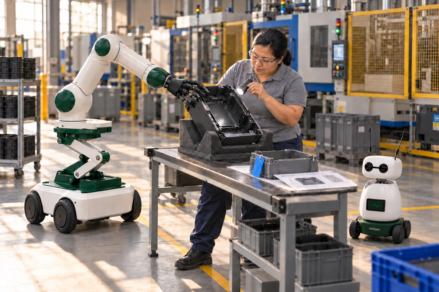 Muscle keeps a cooled plastic enclosure tilted in its padded cradle while the inspector checks the inside edge against a reference sample. Mini watches beside the skilled worker.