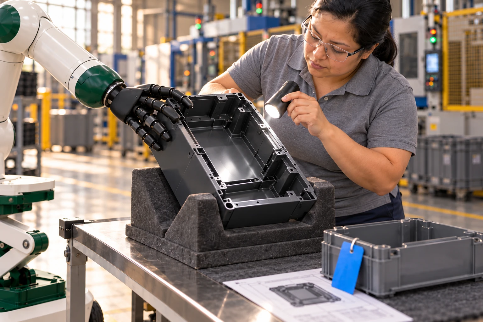 Muscle keeps a cooled plastic enclosure tilted in its padded cradle while the inspector checks the inside edge against a reference sample.