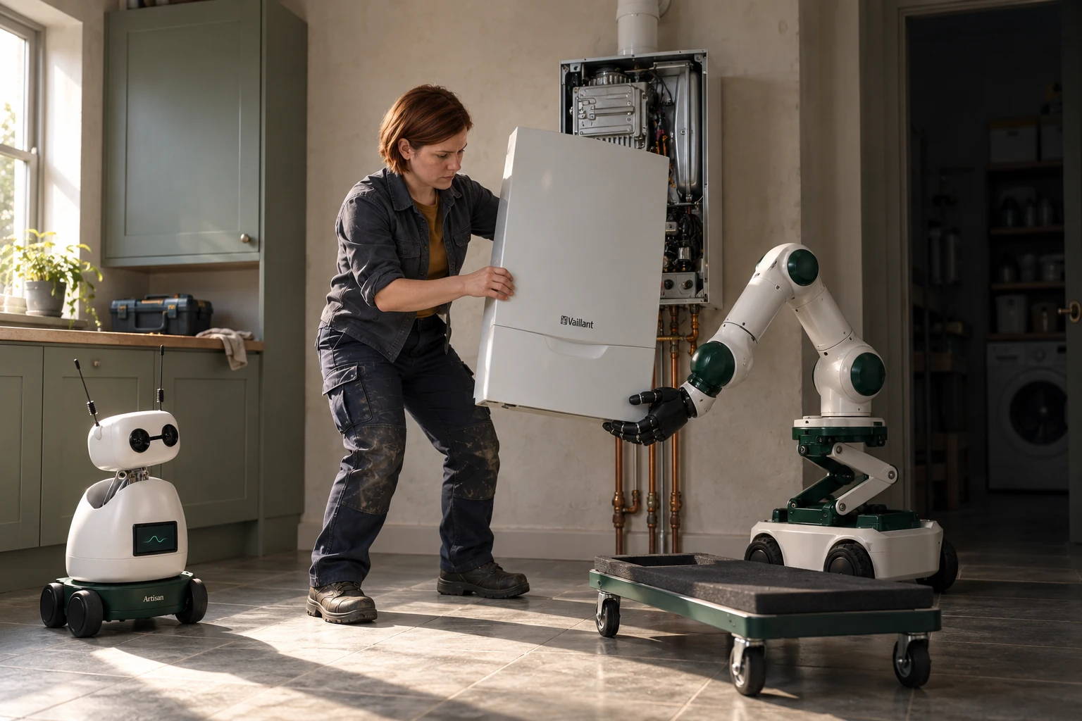 A heating engineer guides a released boiler cover while the floor robot supports its lower edge; Mini watches nearby.