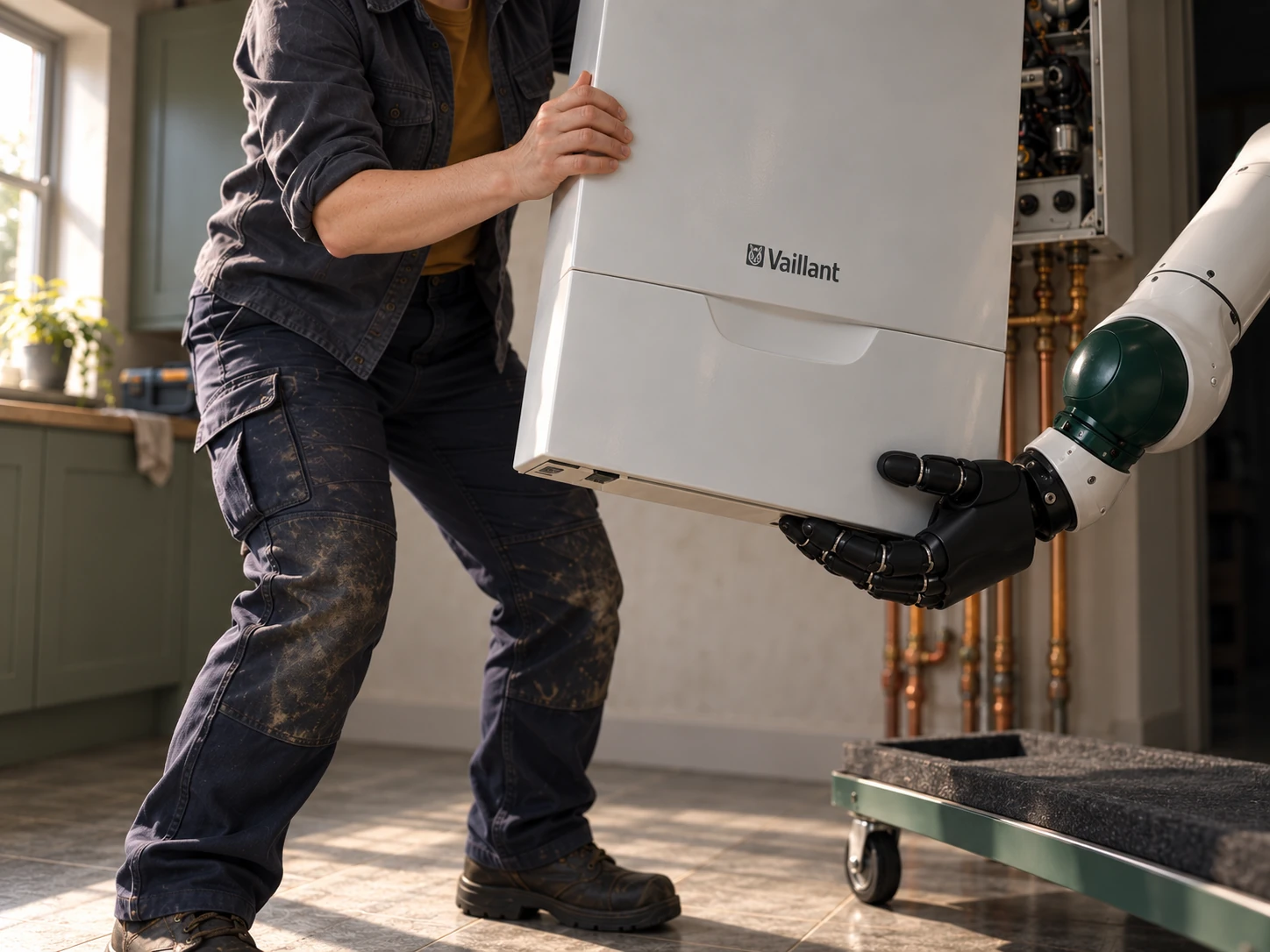The black robotic hand supports the boiler cover’s lower folded edge while the engineer steadies its side.