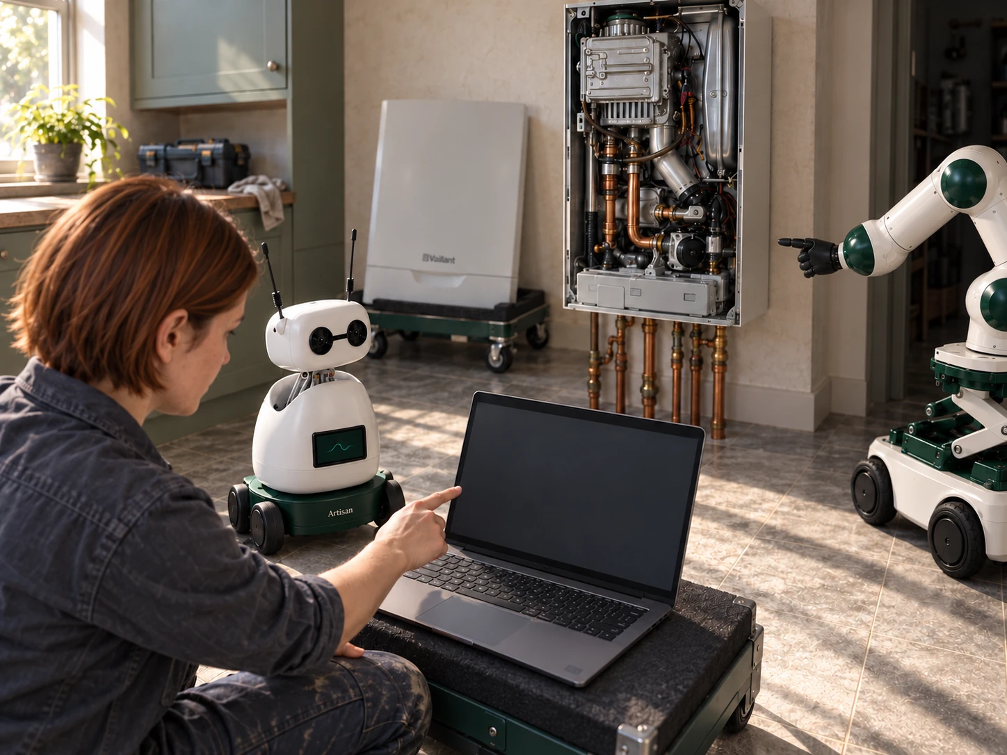 A kneeling heating engineer consults the boiler reference on a low laptop with Mini beside her; the arm points toward the boiler across a clear gap.