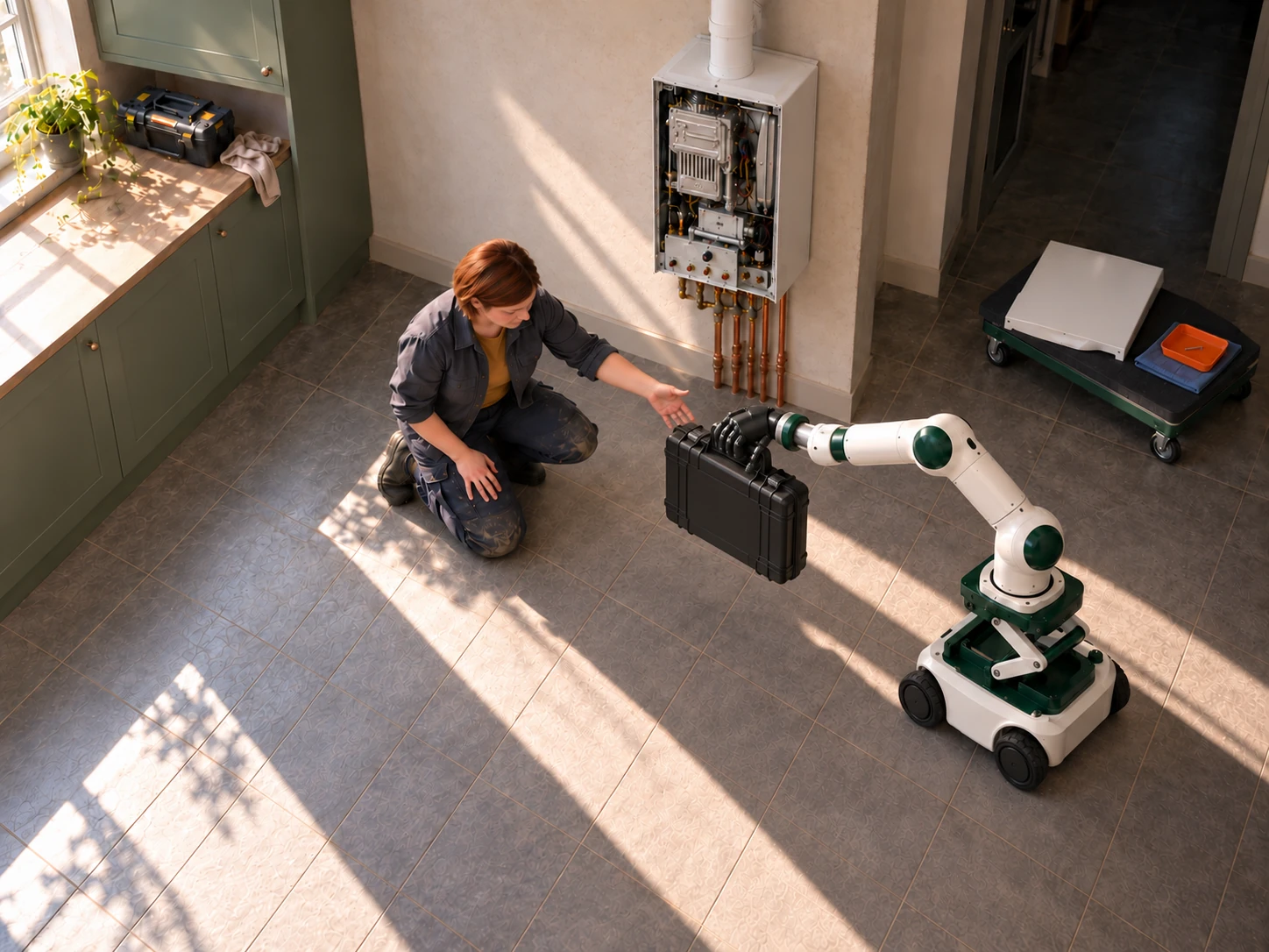 The floor robot brings a closed tool case by its central handle to the kneeling heating engineer.