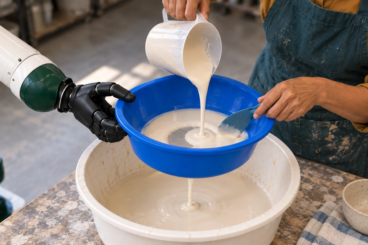 Muscle suspends the real deep blue Robust 24cm80mesh sieve above the receiving tub while PT62 controls a small wet-glaze pour and scraper.