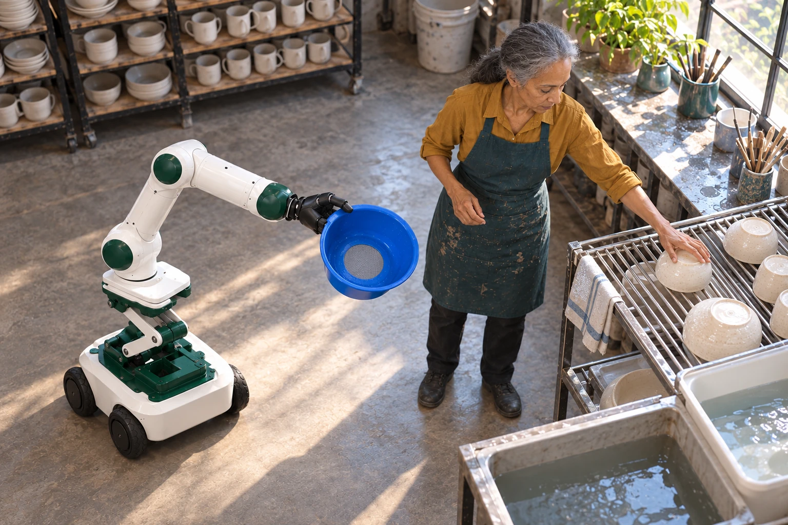 Muscle carries the rinsed empty blue sieve upright by its external upper rim to the nearby draining rack while the potter clears the landing place.