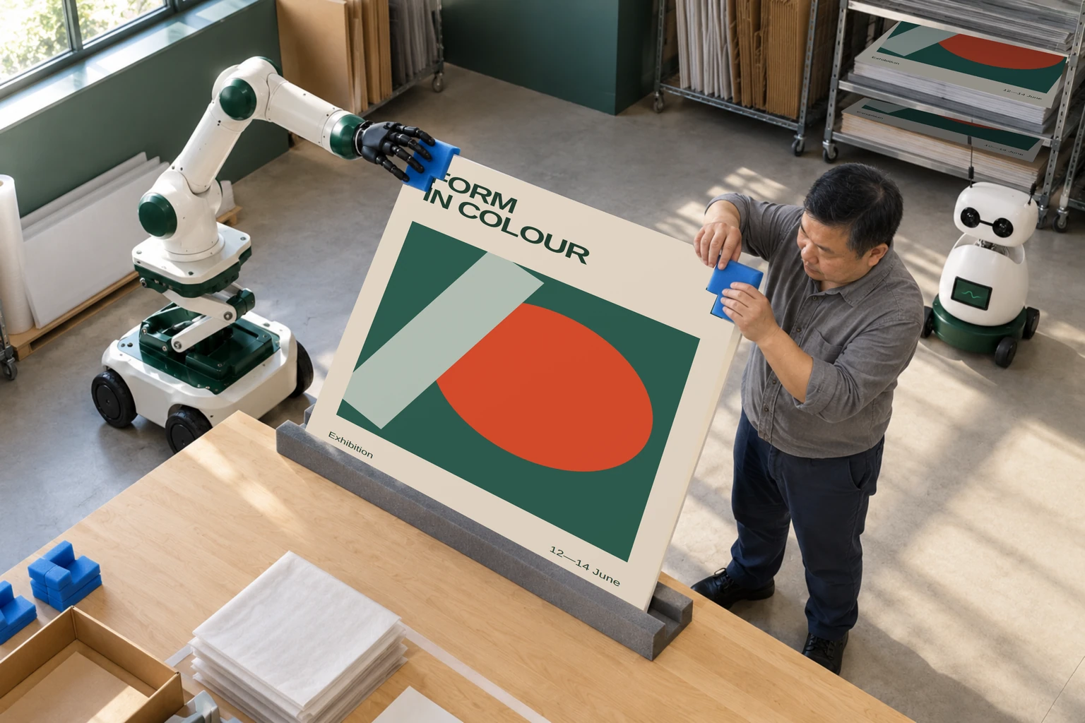 A print finisher fits a protective corner while the mobile robot steadies the opposite protected corner of a bench-supported display board.