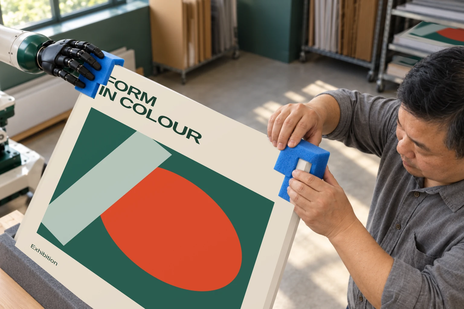 The robot’s opposed fingers contact the foam protector while the person fits the other board corner.