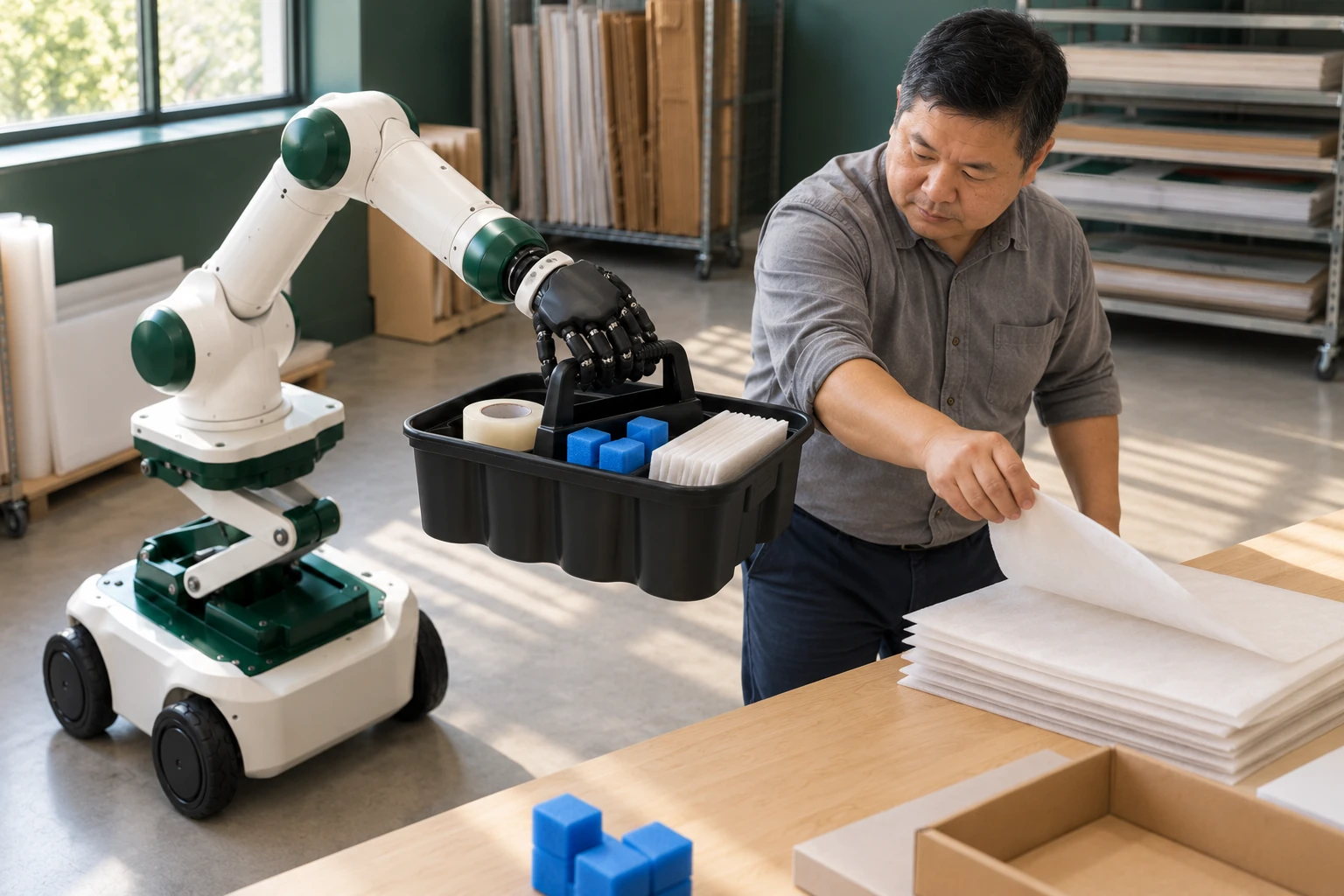 The mobile arm brings a black handled caddy of protective corners, sleeves and tape to the packing bench.