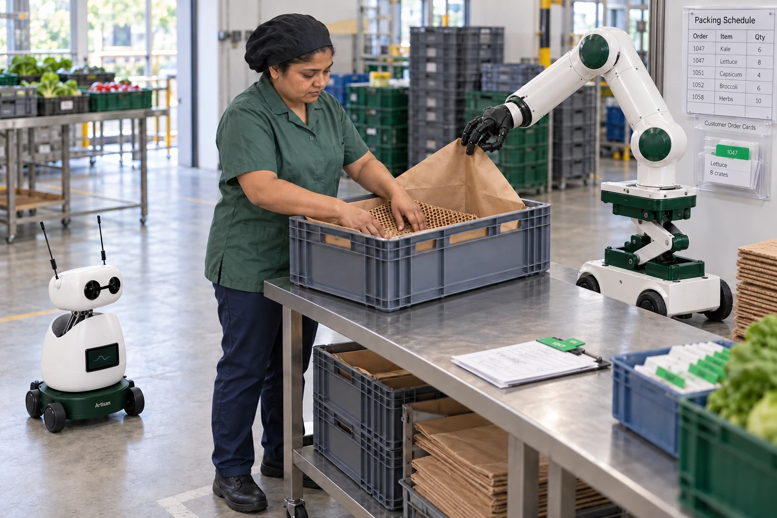 Muscle keeps an empty crate’s paper liner corner open while the packer settles a protective pad into its base. Mini watches beside the skilled worker.