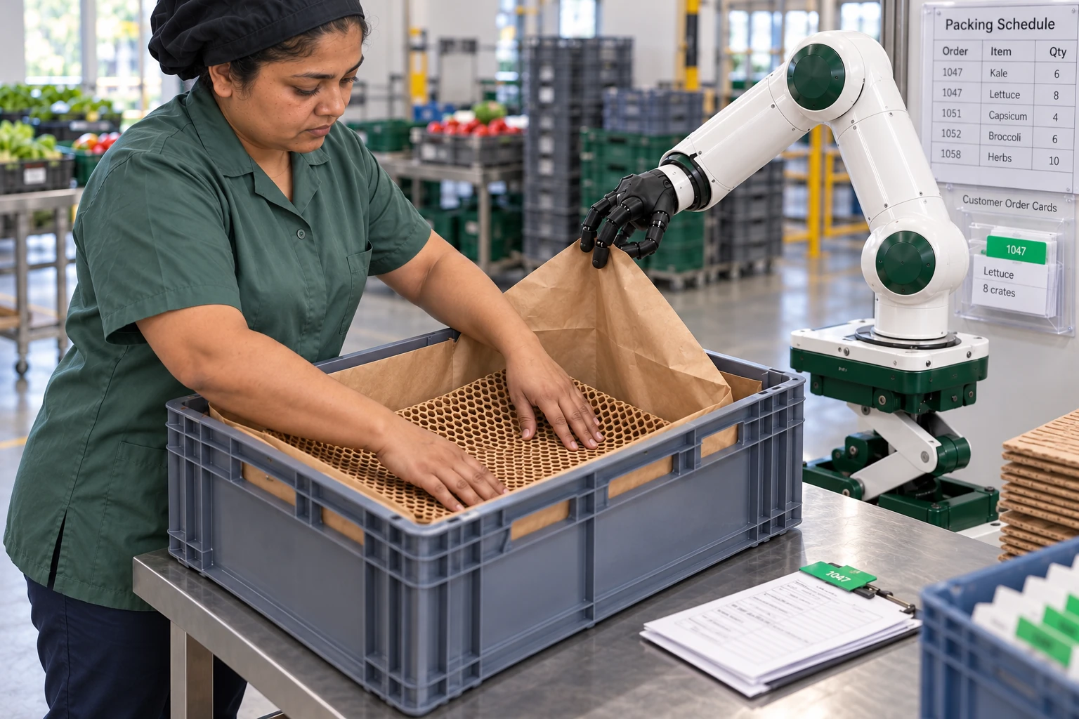 Muscle keeps an empty crate’s paper liner corner open while the packer settles a protective pad into its base.