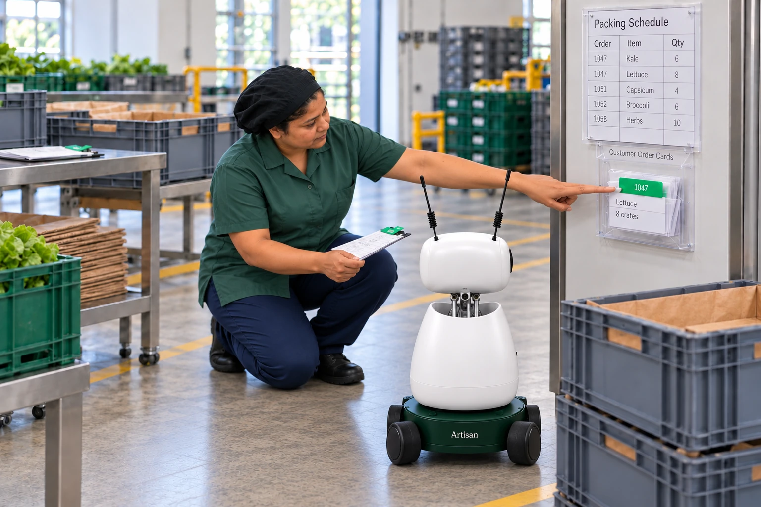 The packer shows Mini the green-tabbed crate label and explains which customer’s grade and pack format it identifies.