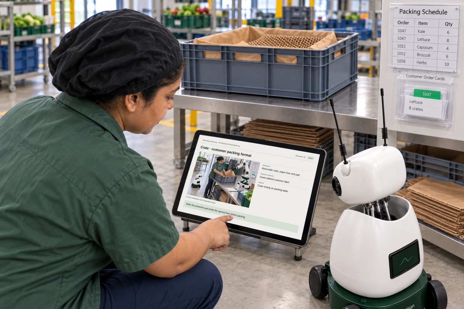 Worker and Mini consult the customer’s produce grade sheet and crate-packing specification.