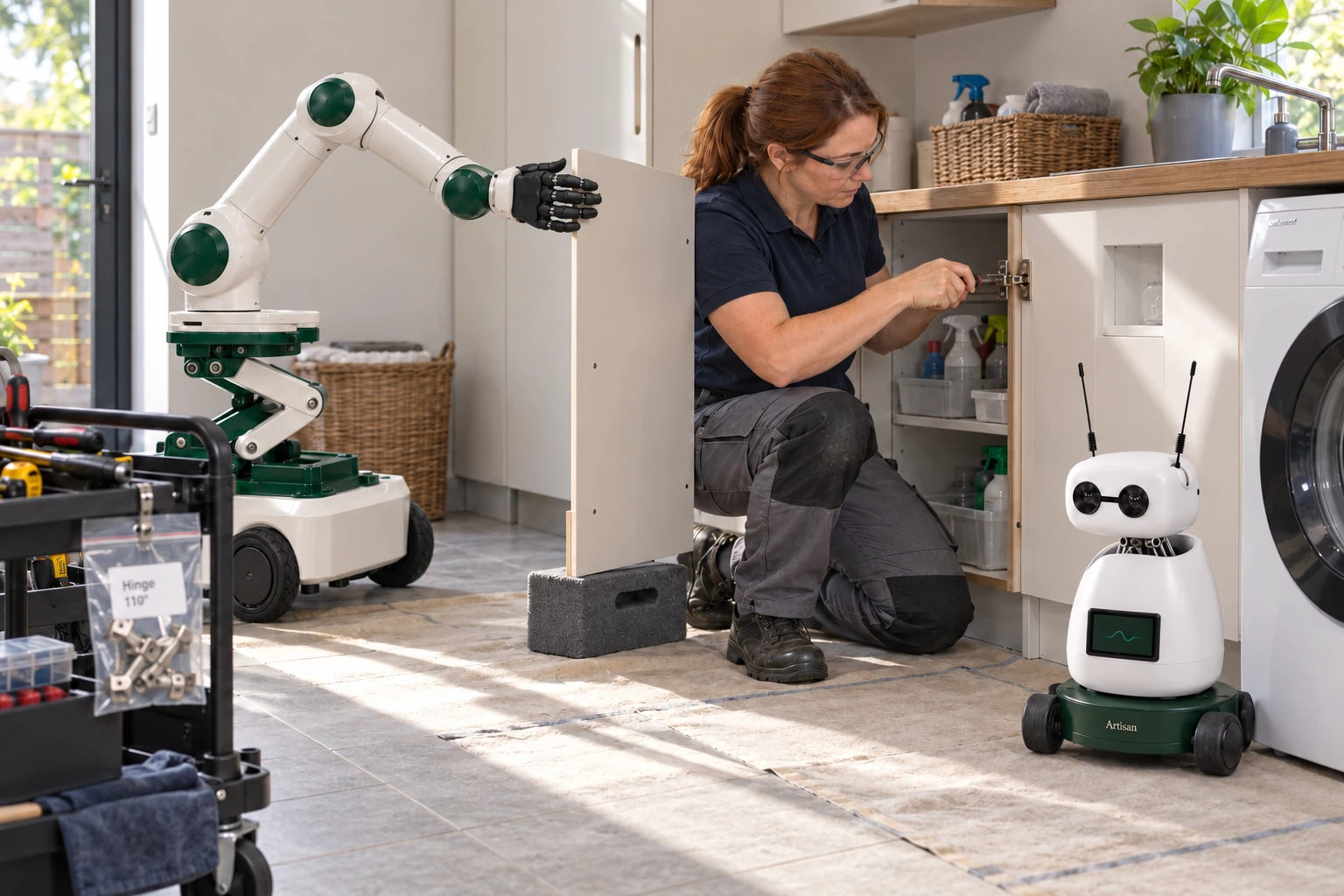 Muscle steadies a cupboard door’s free edge while the maintenance worker checks the loose hinge against its mounting plate. Mini watches beside the skilled worker.