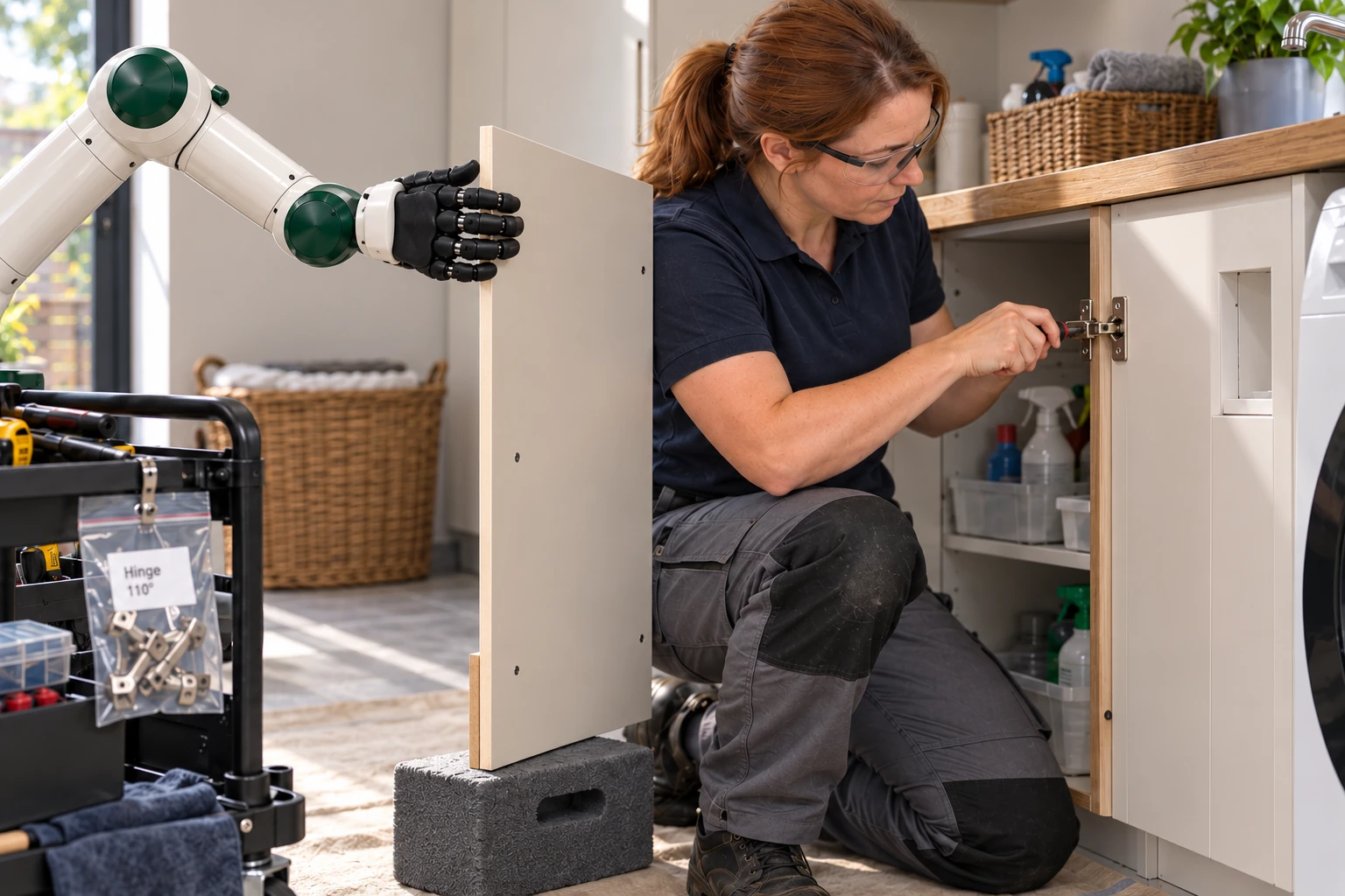 Muscle steadies a cupboard door’s free edge while the maintenance worker checks the loose hinge against its mounting plate.