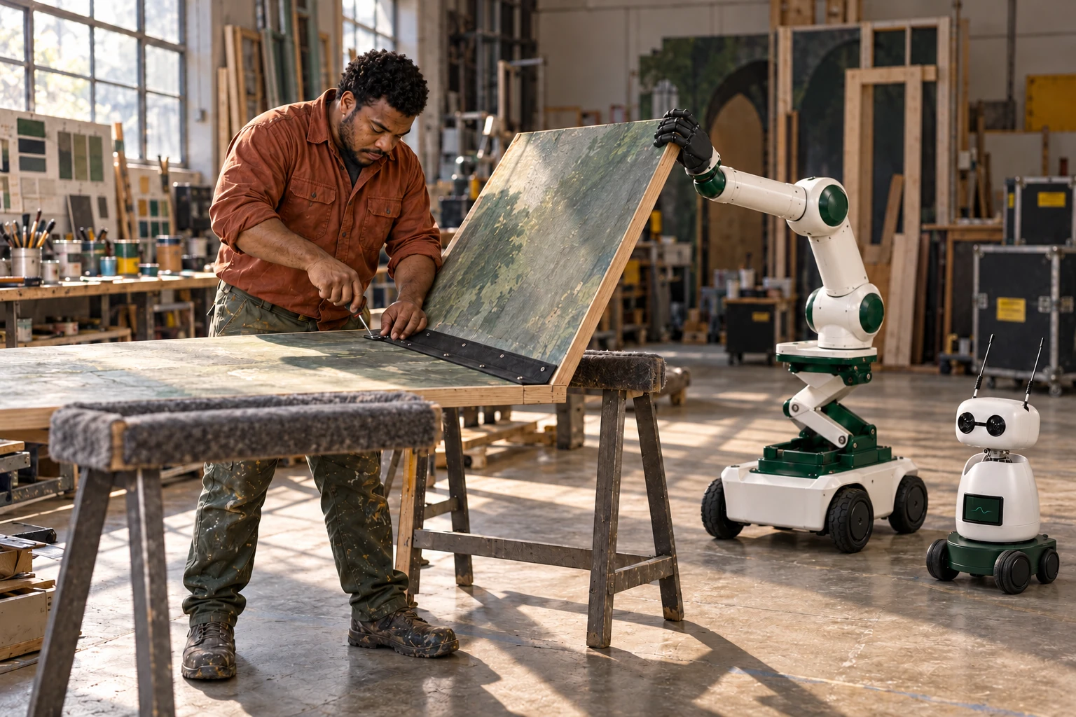 Muscle steadies the raised free edge of a lightweight scenery return while the maker fastens its fabric hinge with both hands. Mini observes the actual handwork from a separate clear floor position.