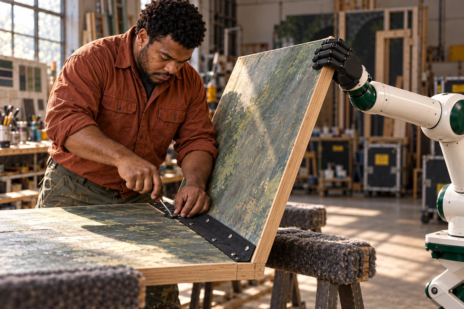 Muscle steadies the raised free edge of a lightweight scenery return while the maker fastens its fabric hinge with both hands.
