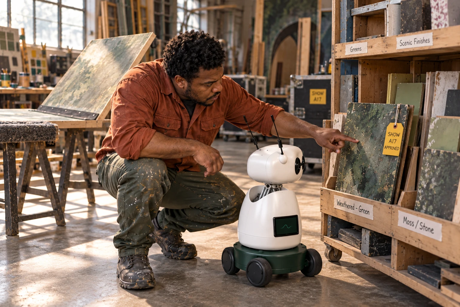 The maker explains that replacements must match the tagged finish sample for this production. The worker identifies the approved weathered-green finish sample with a yellow show tag on the low production-sample rack.