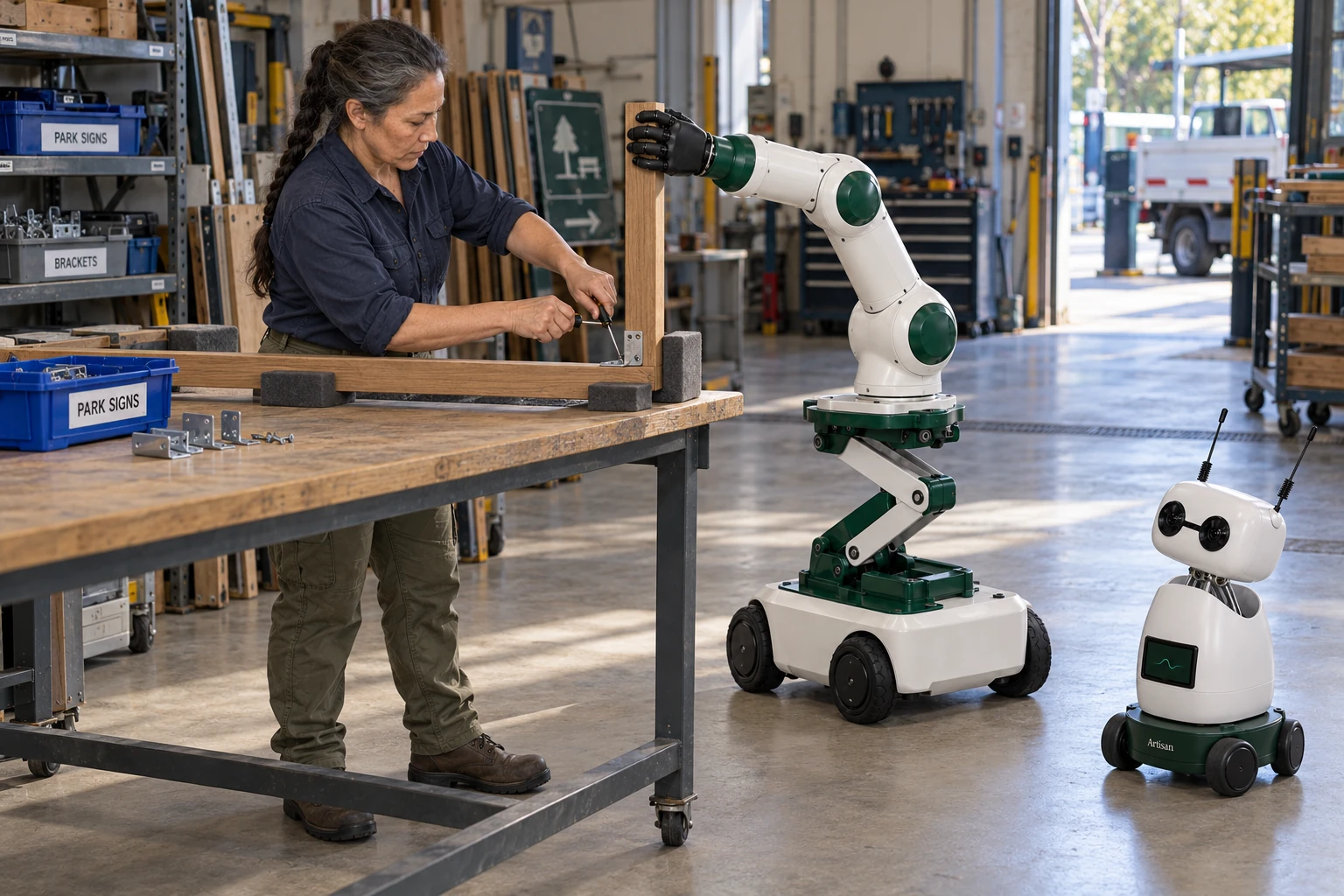 Muscle steadies the raised return of a lightweight park-sign frame while a depot worker fits its corner bracket with both hands. Mini observes the actual handwork from a separate clear floor position.