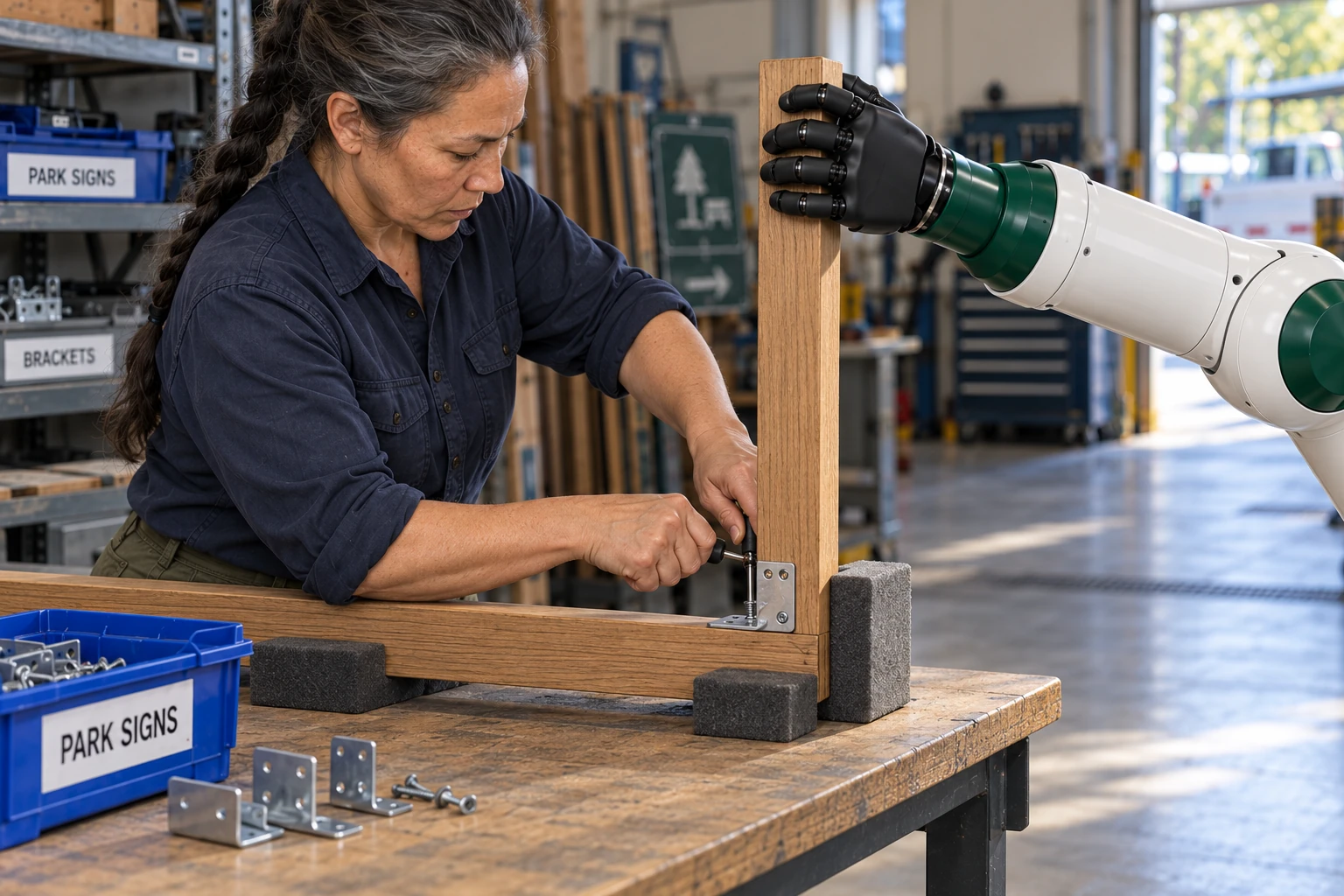 Muscle steadies the raised return of a lightweight park-sign frame while a depot worker fits its corner bracket with both hands.
