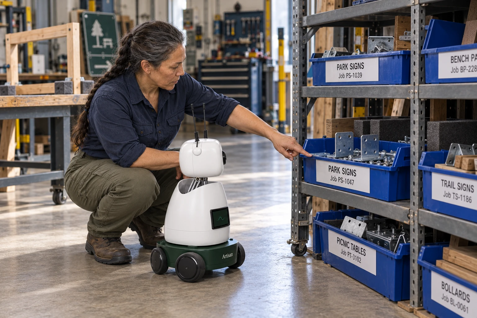 The worker explains that allocated parts stay in the job bin until the site crew collects them. The worker identifies the replacement sign brackets with their blue park-job tag in the low allocated-parts bin.