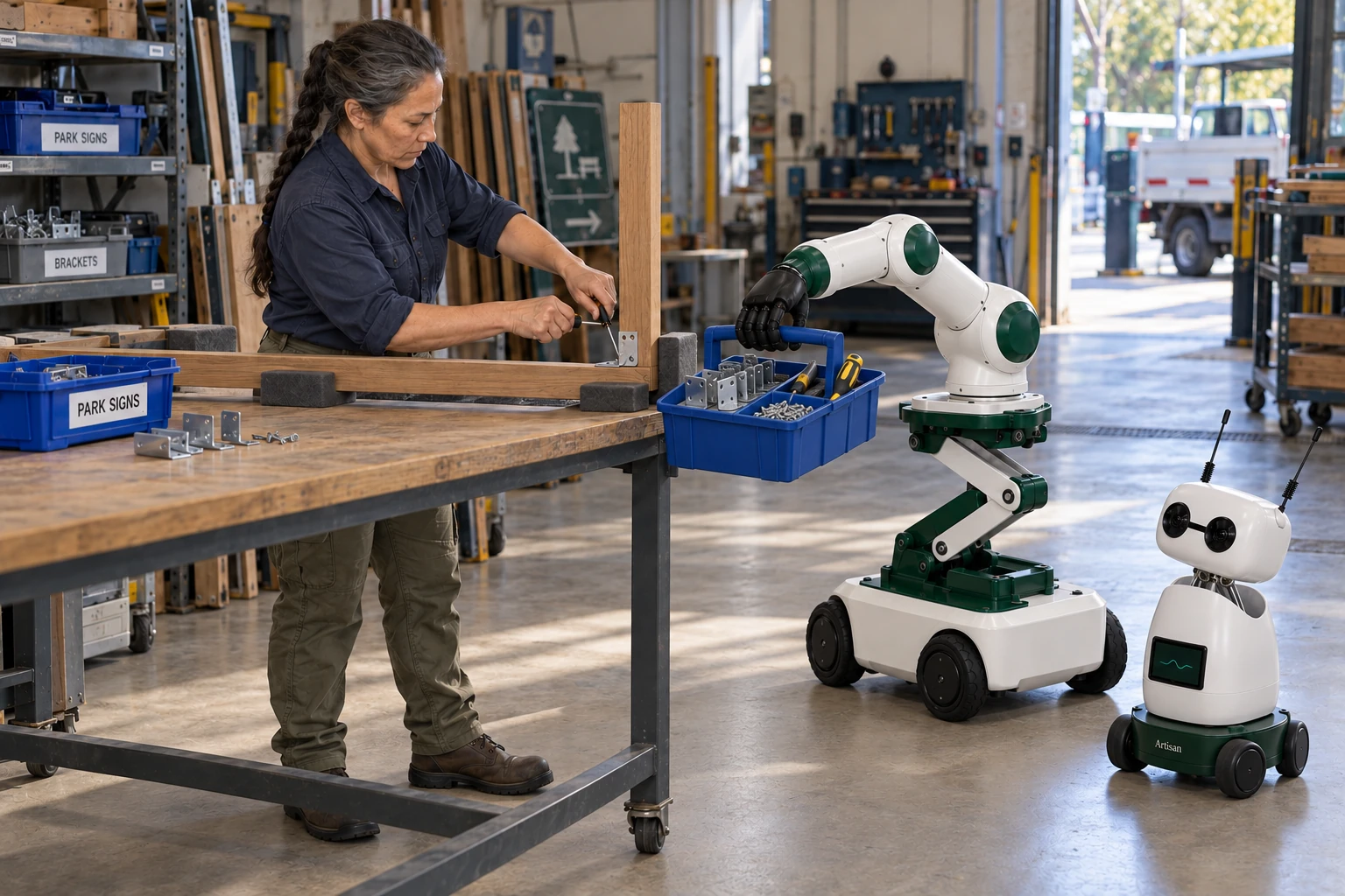 Muscle brings one handled caddy of replacement brackets, fixings and hand tools to the workbench.